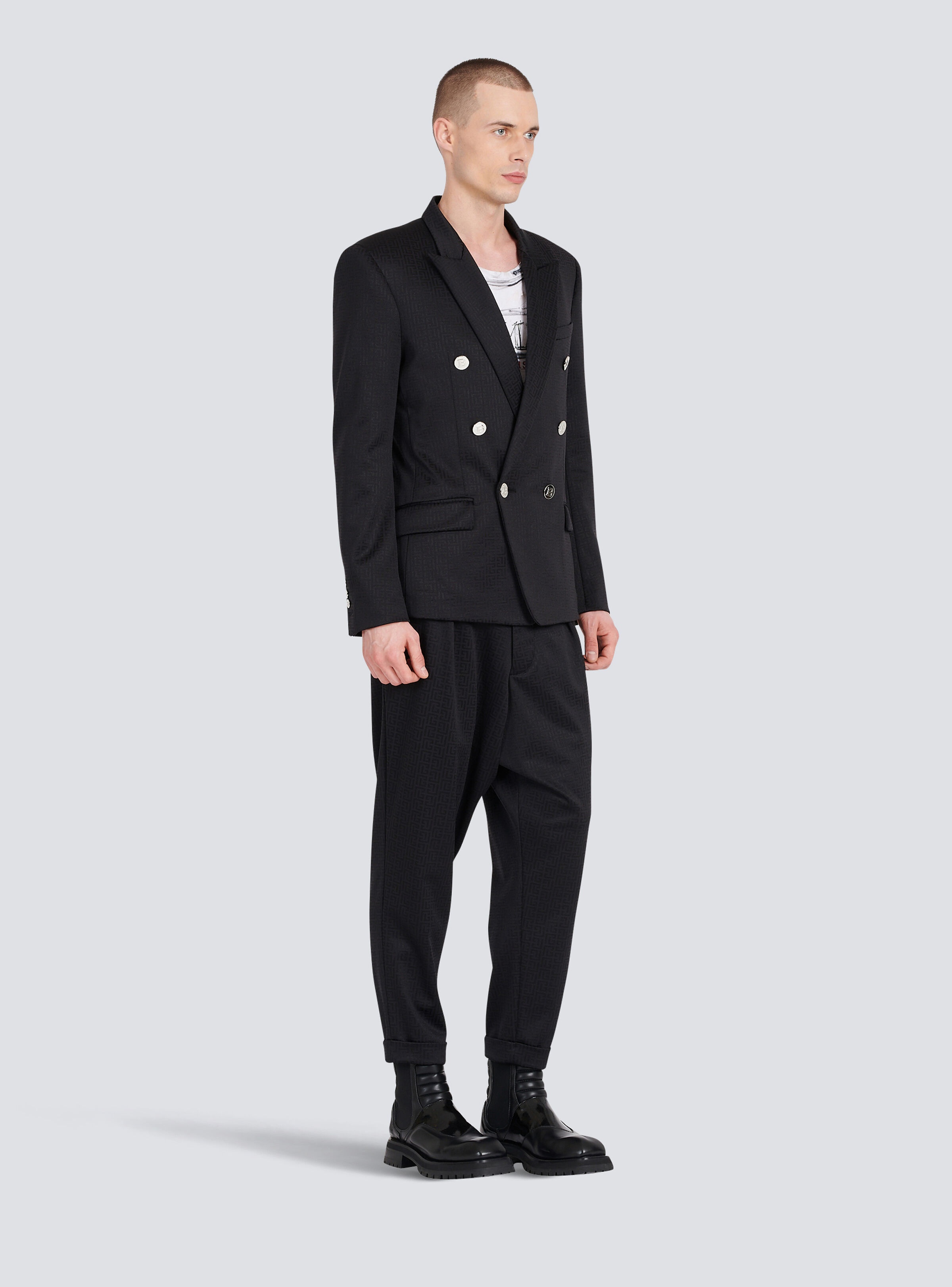 Jersey double-breasted blazer with Balmain monogram print - 6