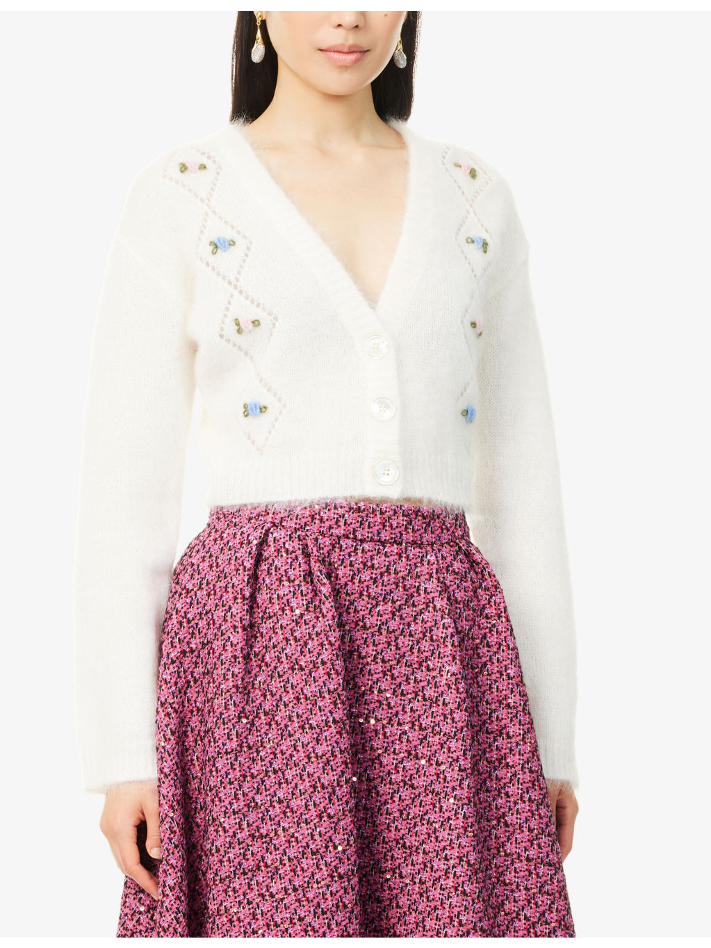 Flower-Embroidery Crop Knitted Cardigan - 3