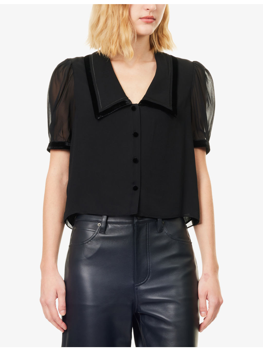 The Velvet Trim Sailor Silk Blouse - 3