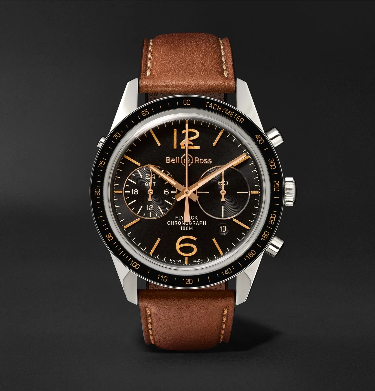 BR 126 Sport Heritage GMT and Flyback Chronograph Steel and Leather Watch, Ref. No. BRV126-FLY-GMT/S - 1