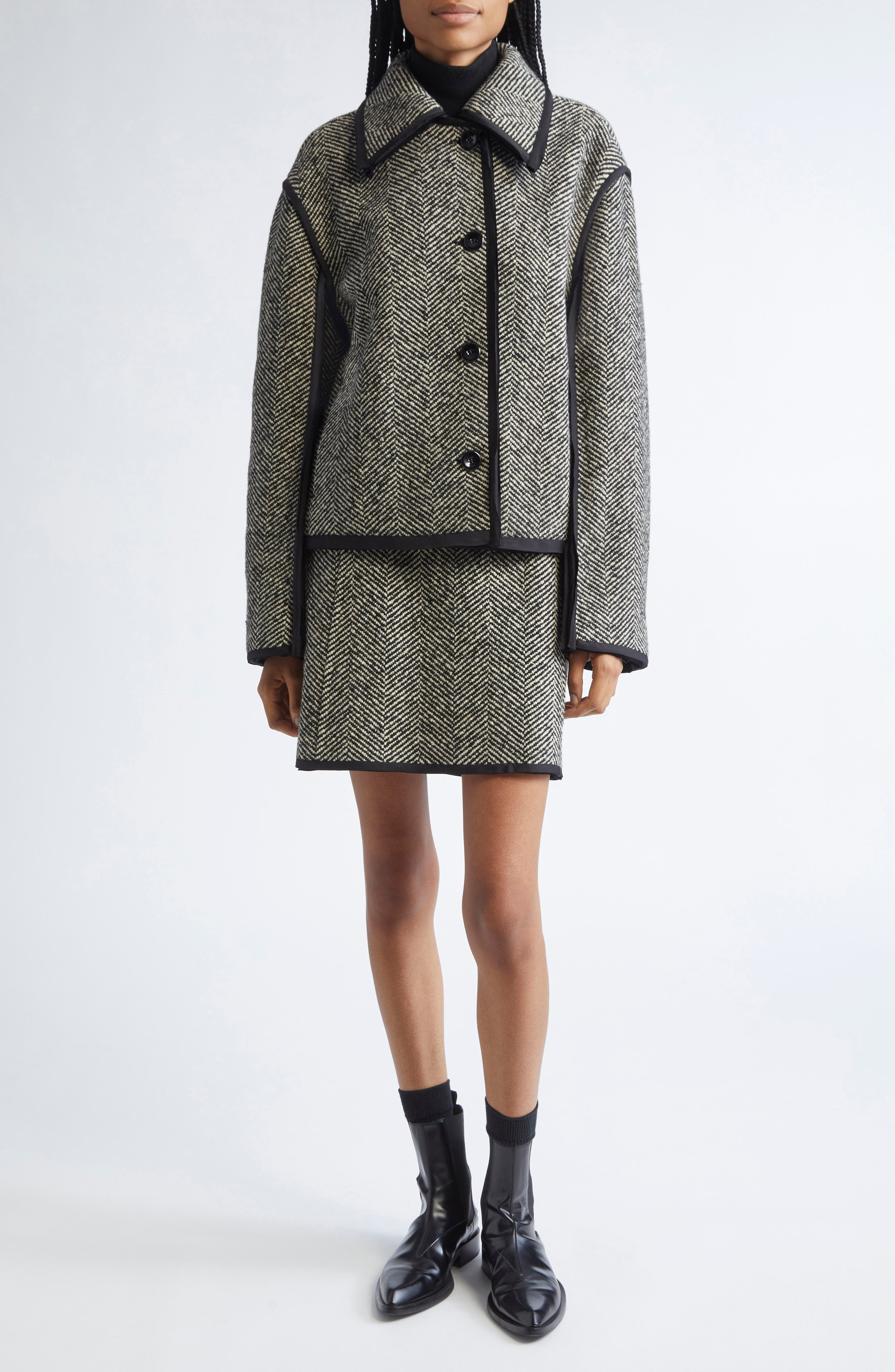 Jil Sander Contrast Trim Wool Blend Herringbone Jacket in Military Speckle at Nordstrom - 2