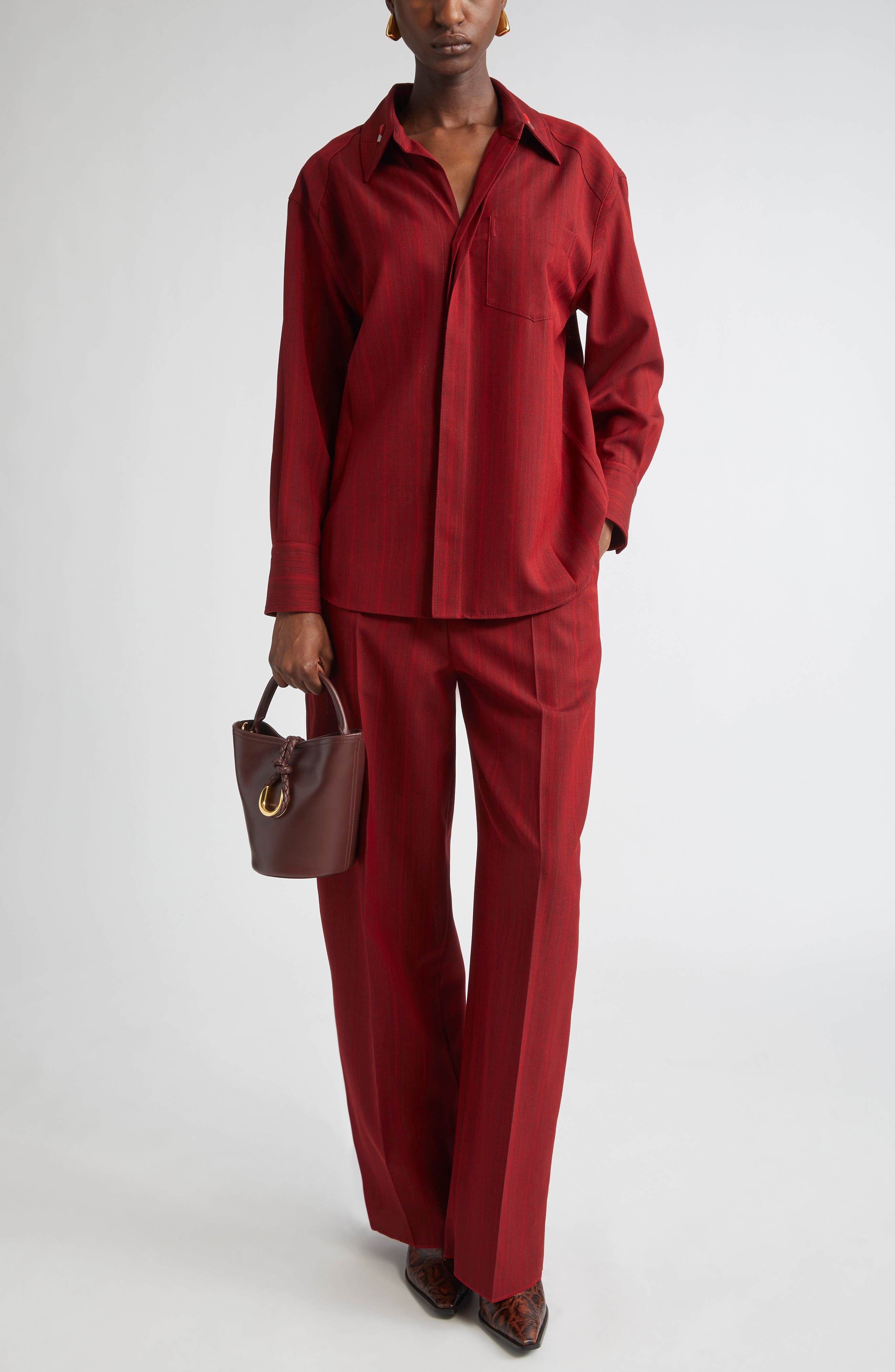 Bottega Veneta Subtle Stripe Wool Blend Button-Up Shirt in 6516 Red/Grey Melange at Nordstrom - 2