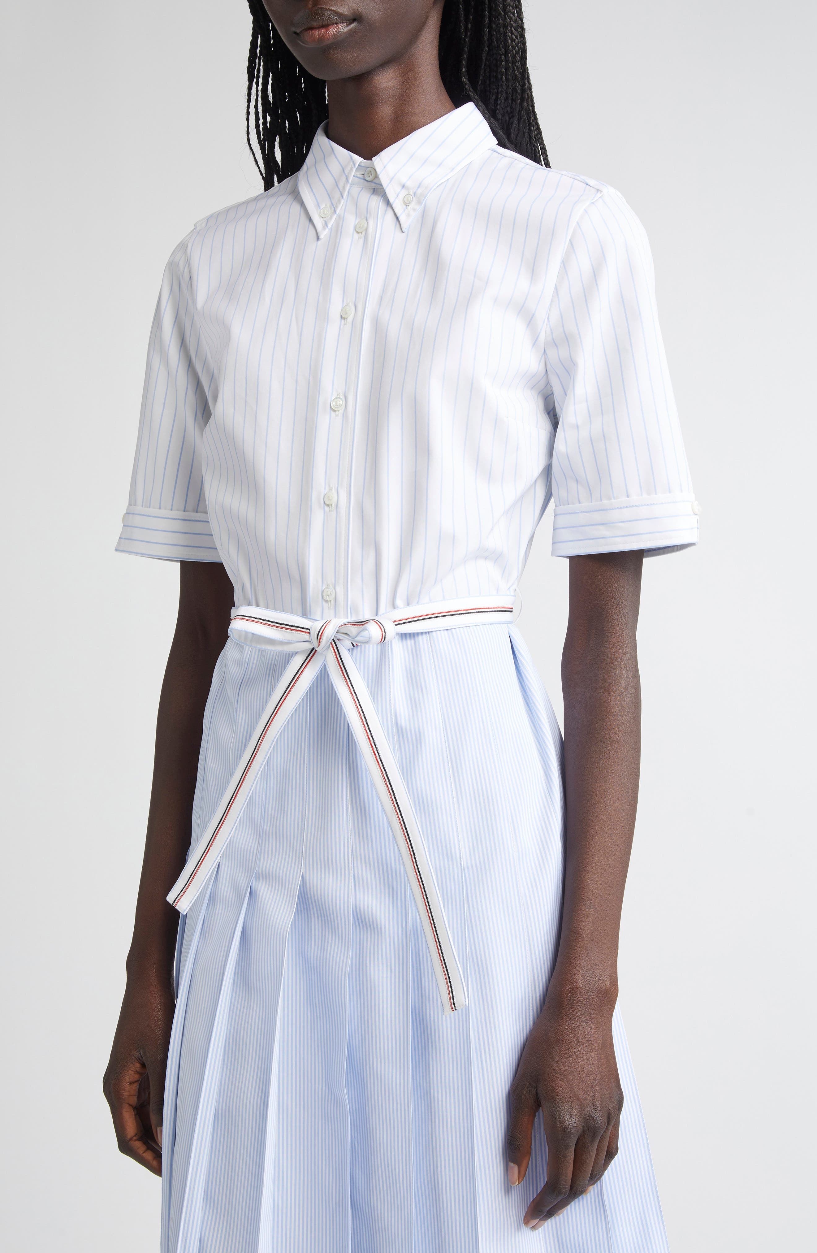 Thom Browne Mixed Stripe Pleated Button-Down Shirtdress in Light Blue at Nordstrom - 4