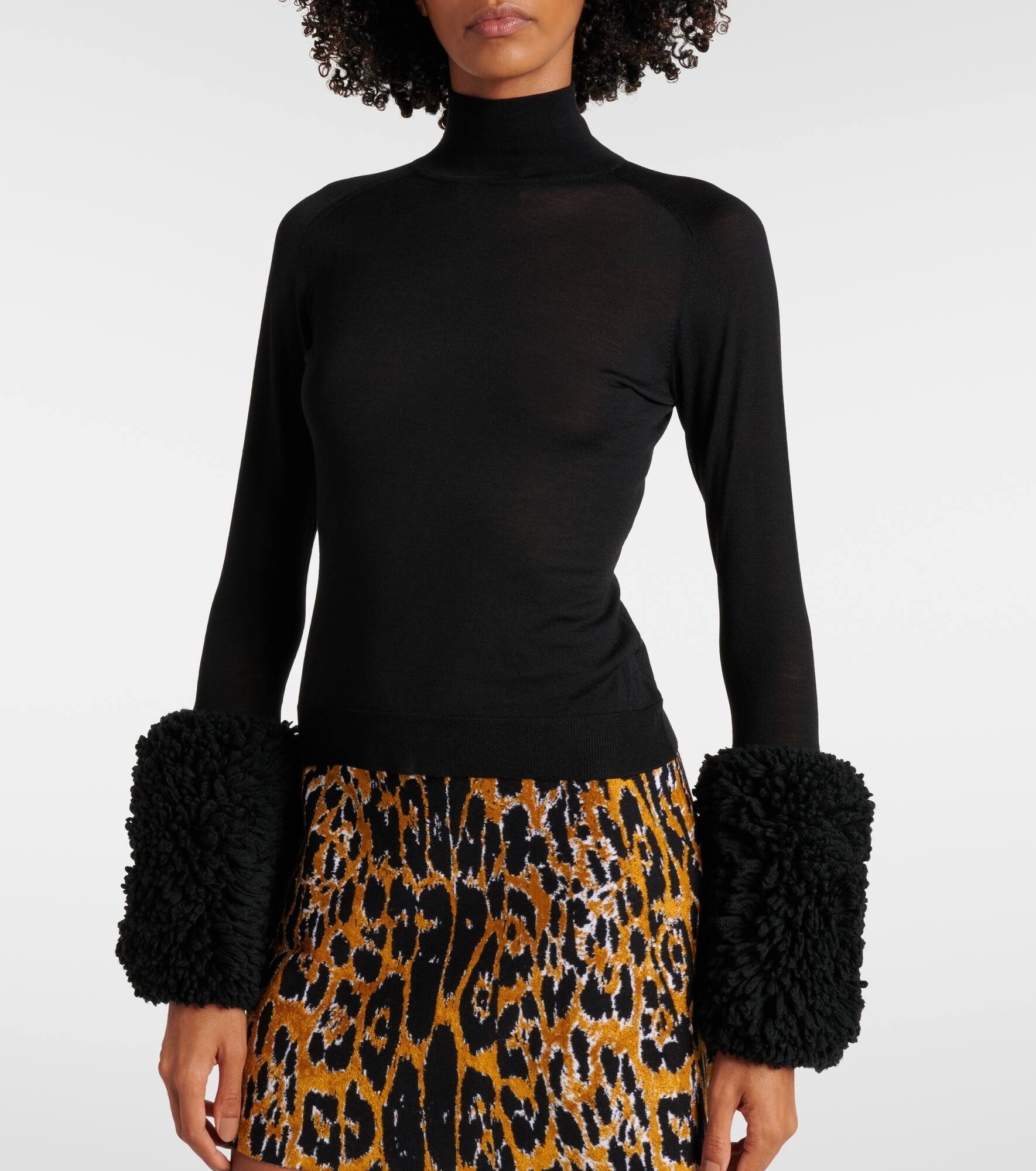 Faux fur-trimmed wool turtleneck top - 6