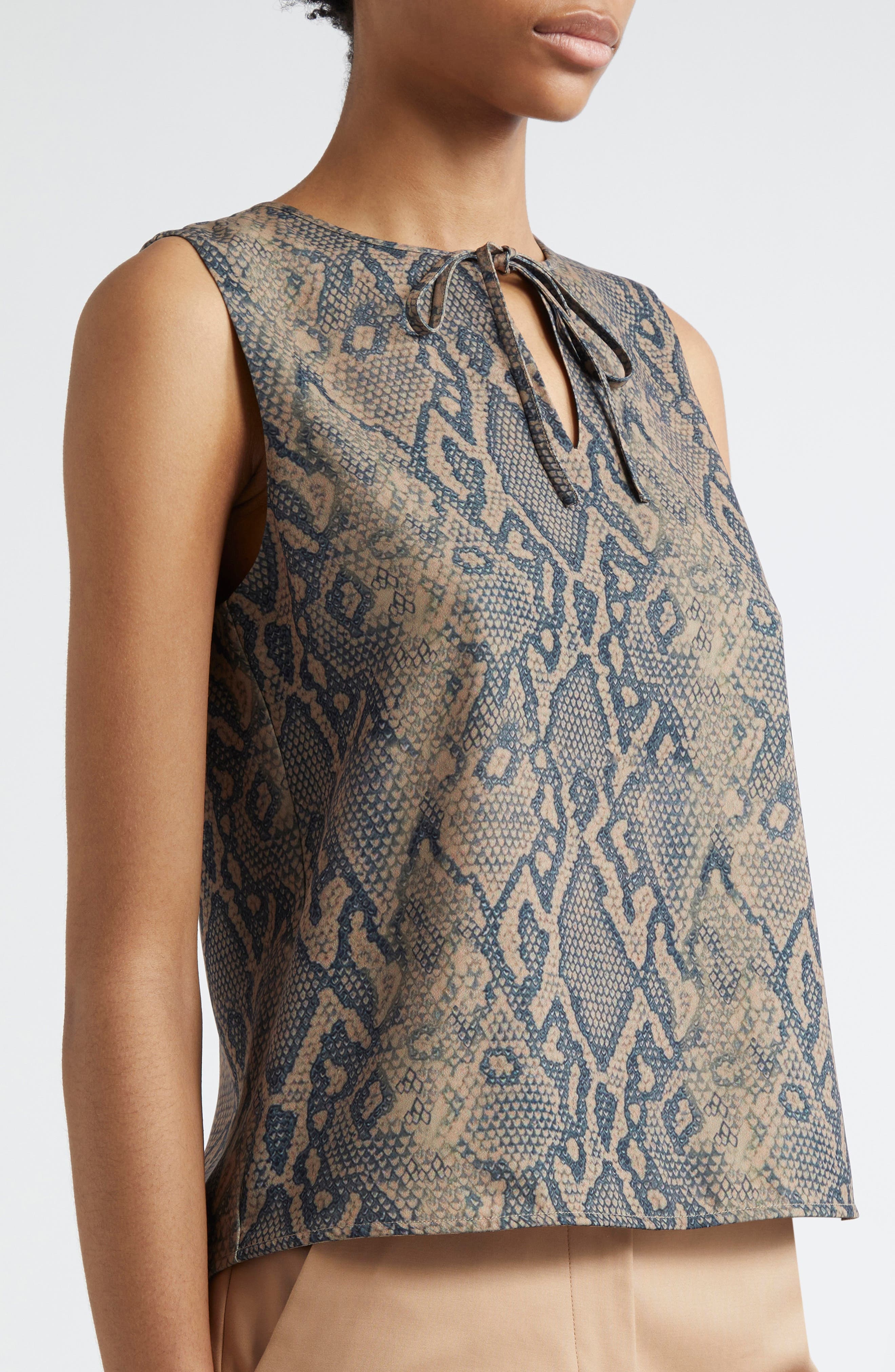 Emporio Armani Snakeskin Print Tie Neck Sleeveless Top in Multi at Nordstrom - 4