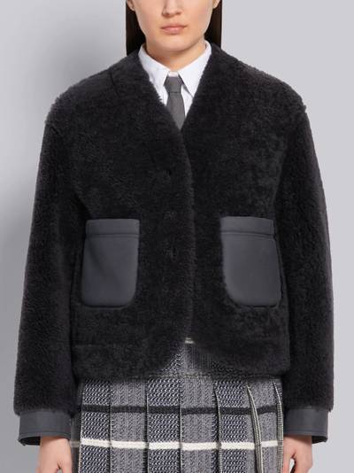 Thom Browne Dark Grey Shearling Reversible Dropped Shoulder Cardigan Jacket outlook