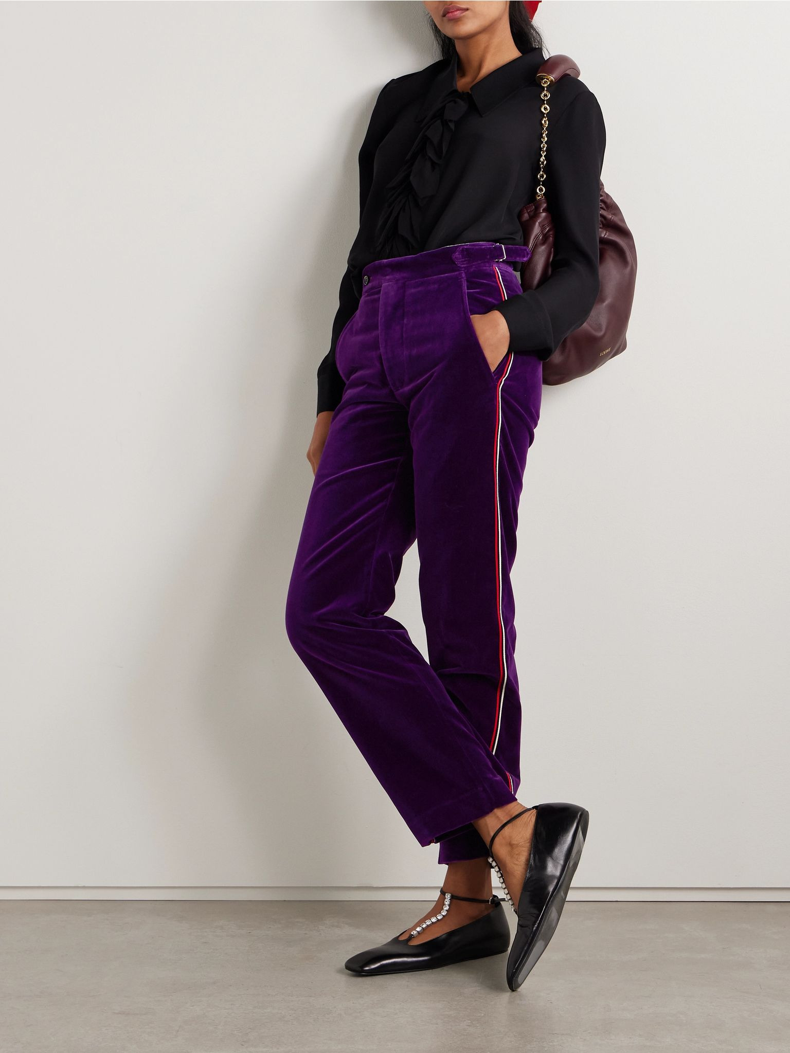 Showcase striped cotton-velvet straight-leg pants Purple - 2