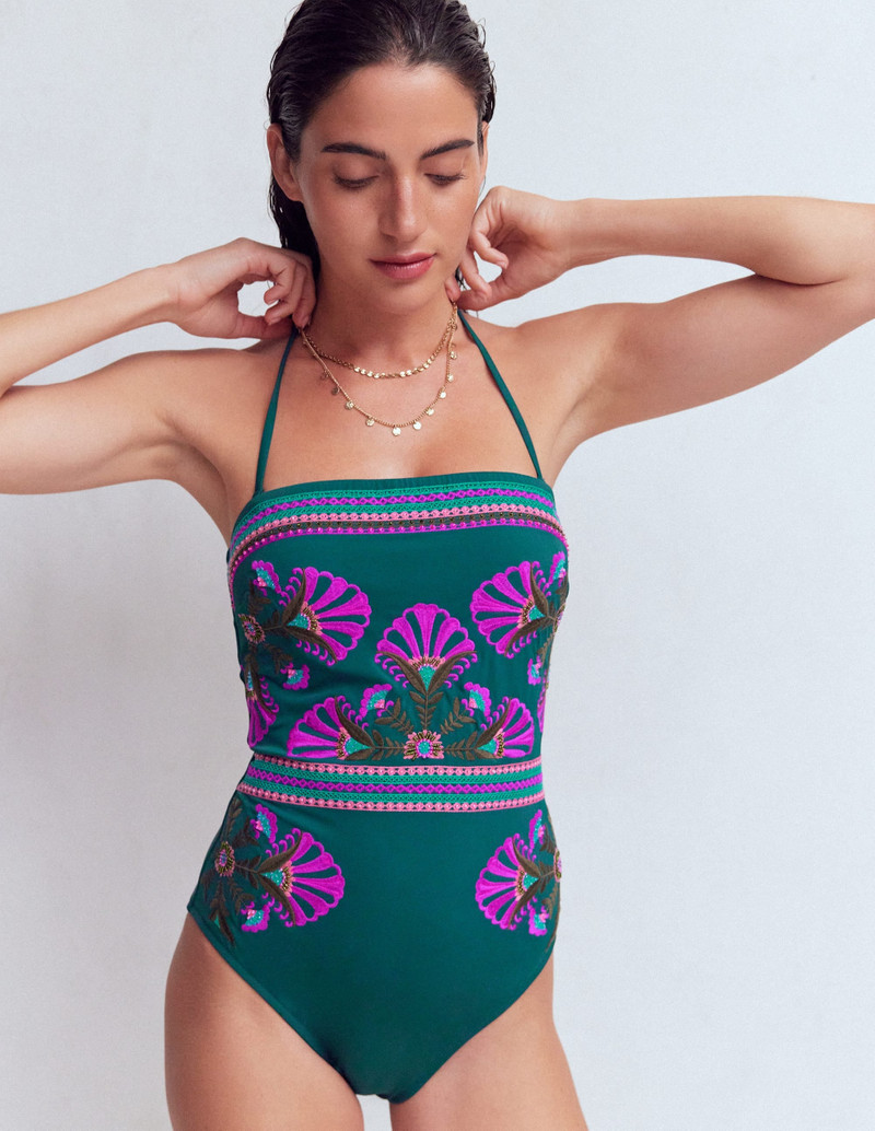 Paros Bandeau Swimsuit-Blue, Embroidery - 1
