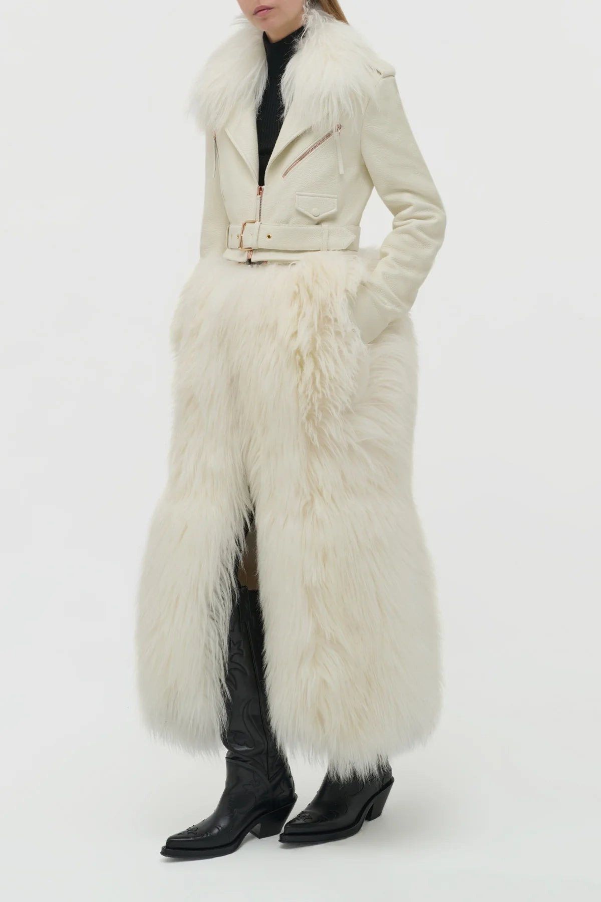 Brymwylf Convertible Coat in White Textured Leather & Cashmere Shearling - 4