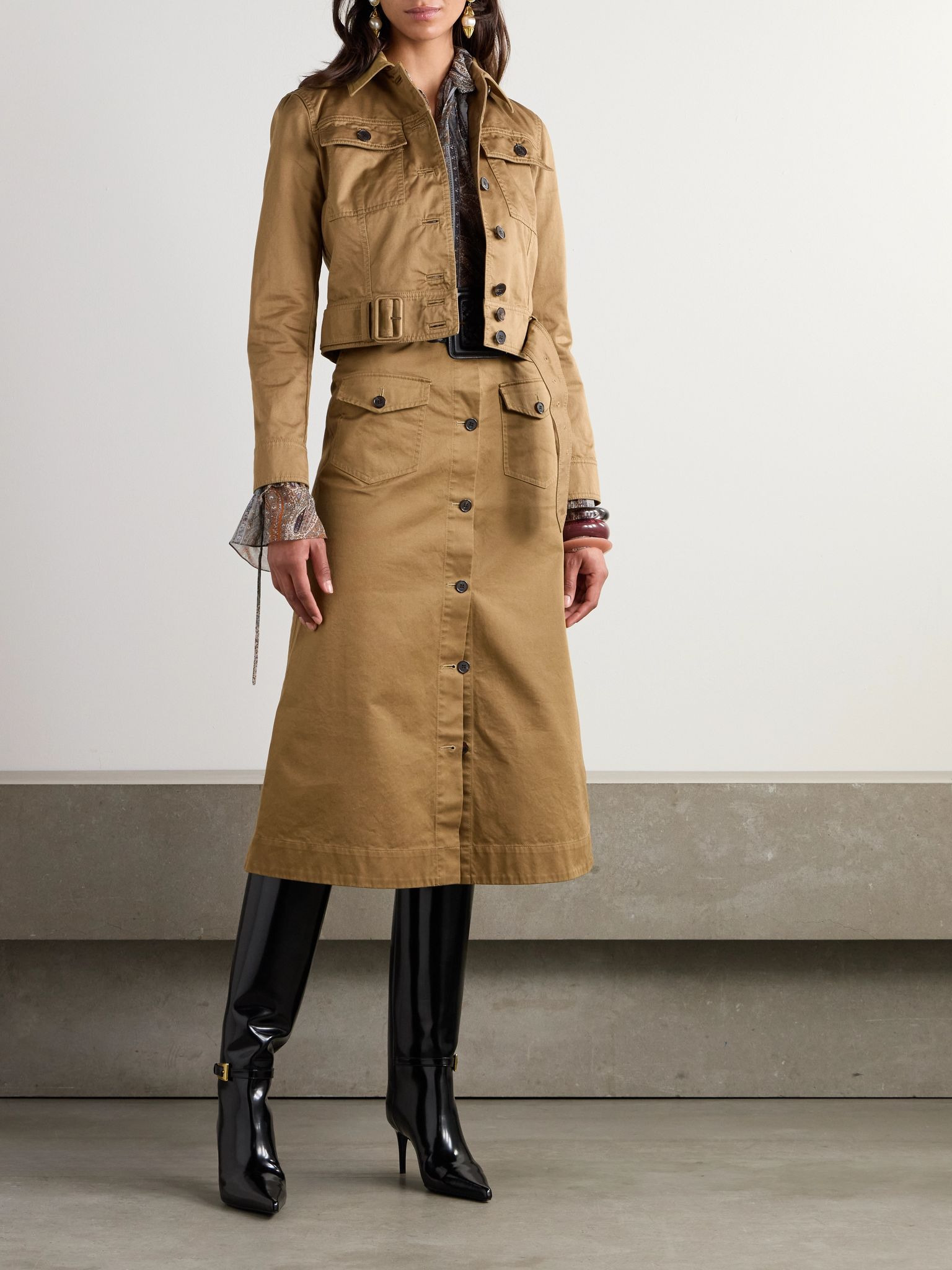 Cropped belted organic cotton-twill jacket Sand - 2