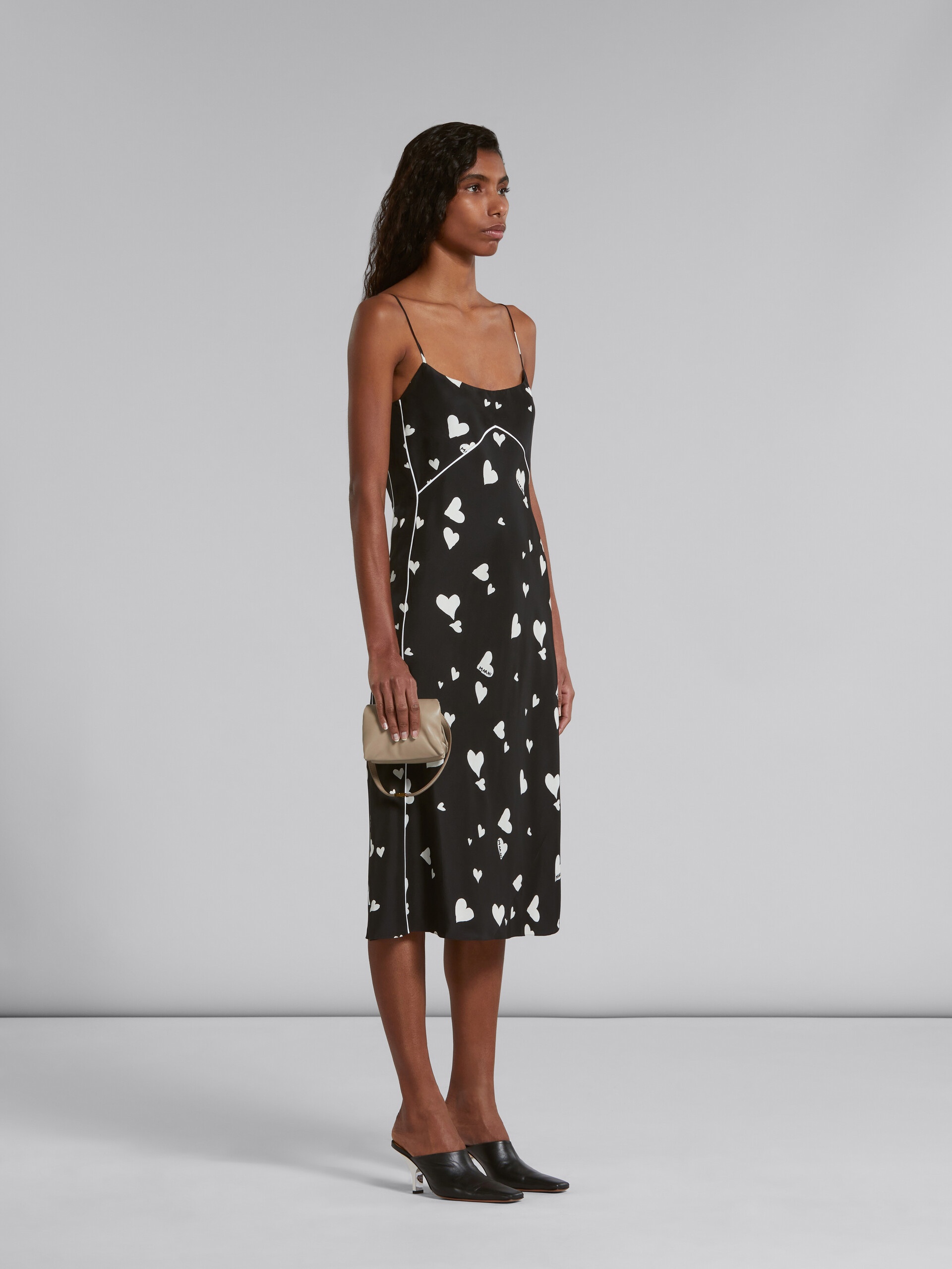 BLACK SILK SLIP DRESS WITH BUNCH OF HEARTS PRINT - 6