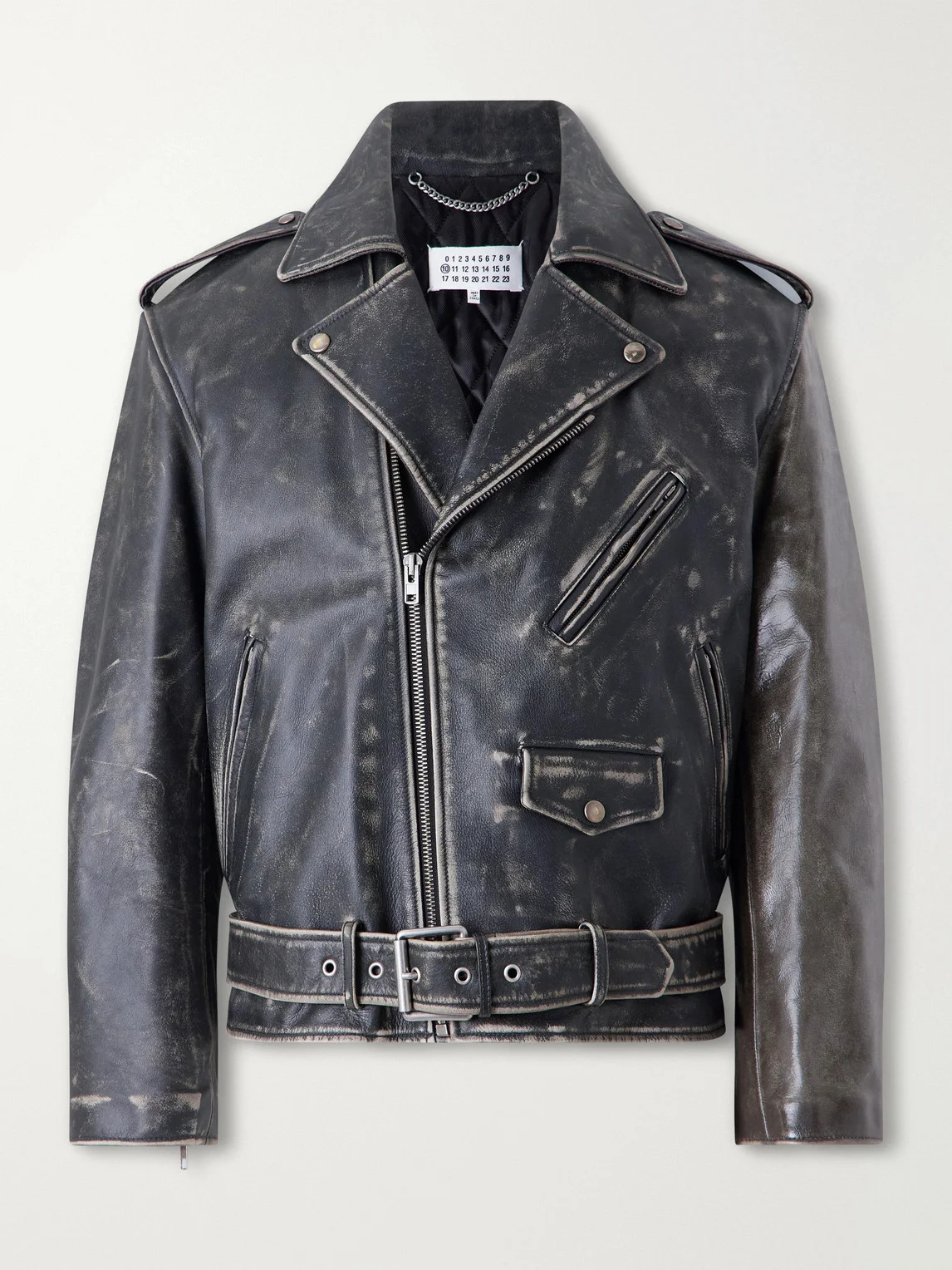 Belted Distressed Leather Biker Jacket - 1