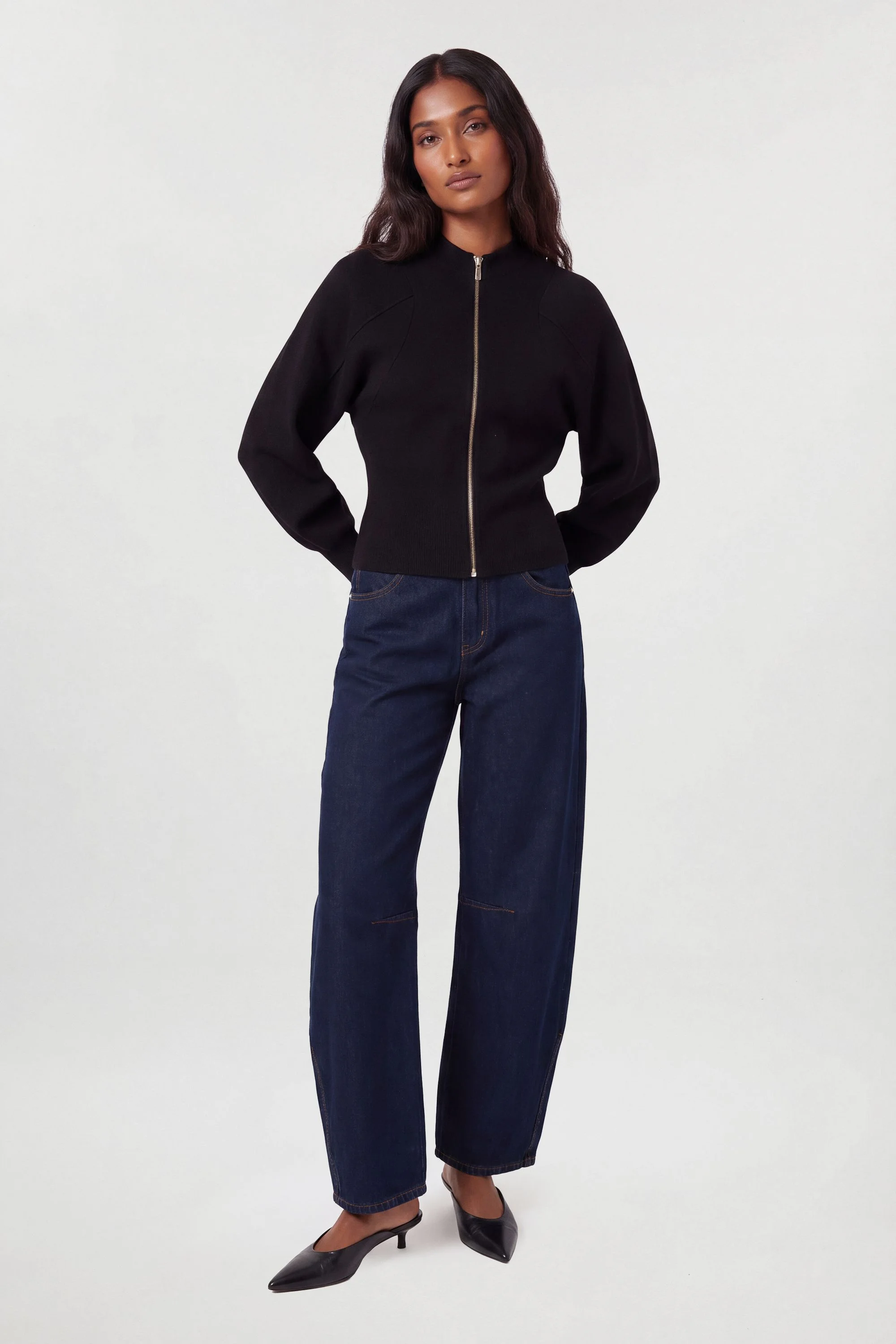 Wool Look Rib Detail Long Sleeve Knitted Bomber - 1