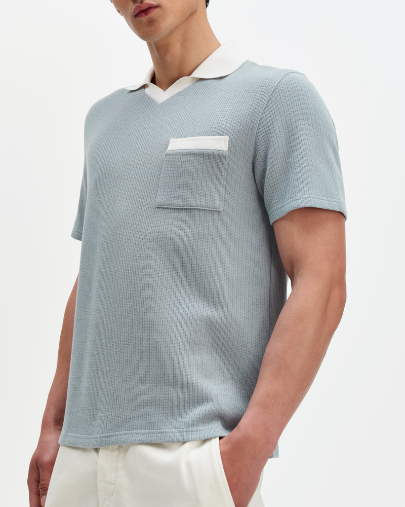 Pendal - Blue And Ecru Ribbed Organic Cotton Polo Shirt 3