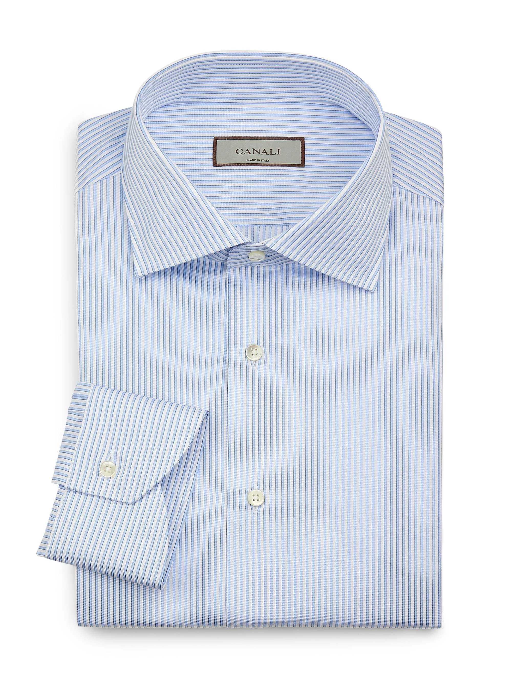 Men's Striped Cotton Dress Shirt - Blue White - 1