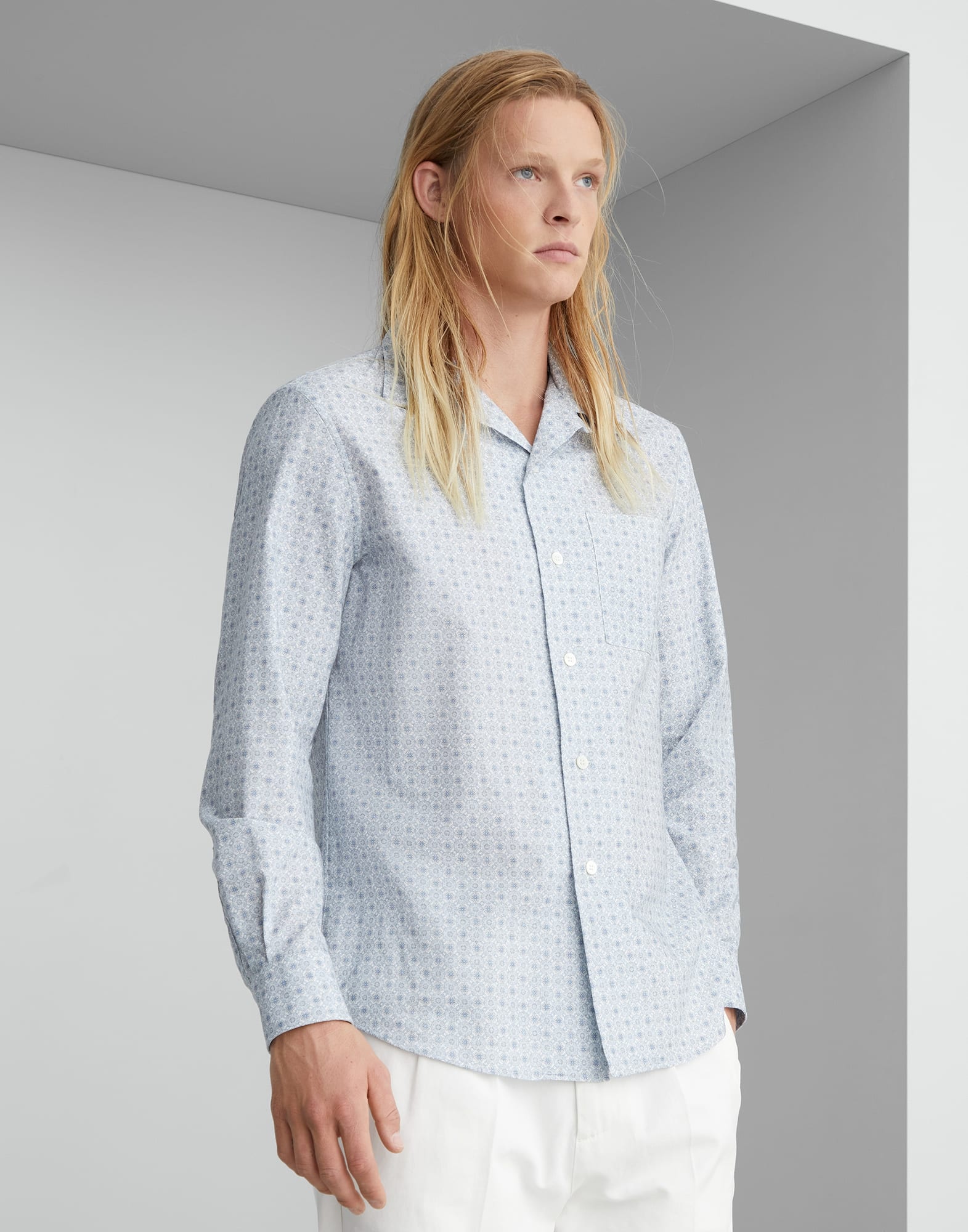 Cotton easy fit shirt with geometric pattern, camp collar and chest pocket - 1