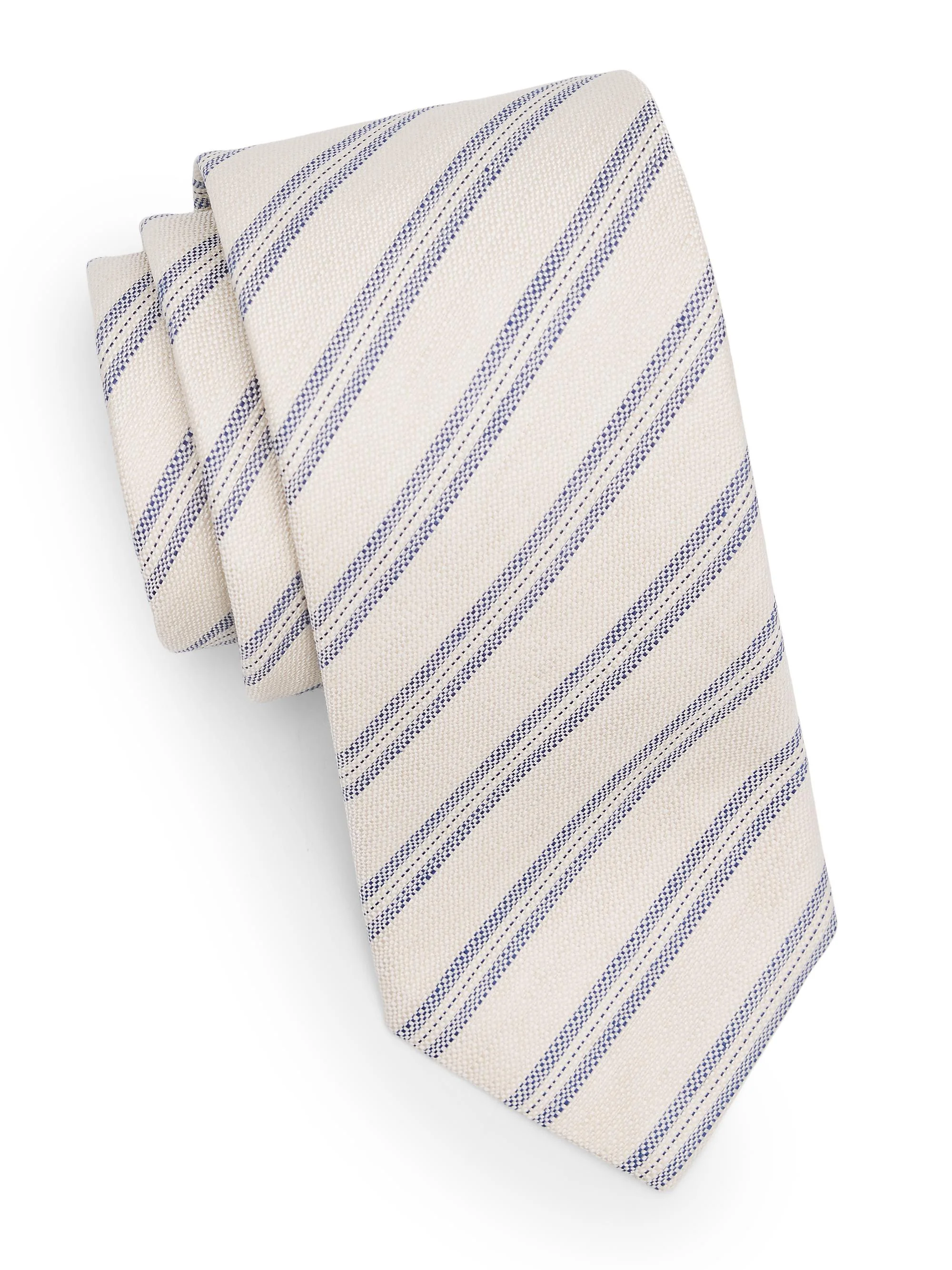 Men's Striped Woven Silk Tie - White With Blue - 1