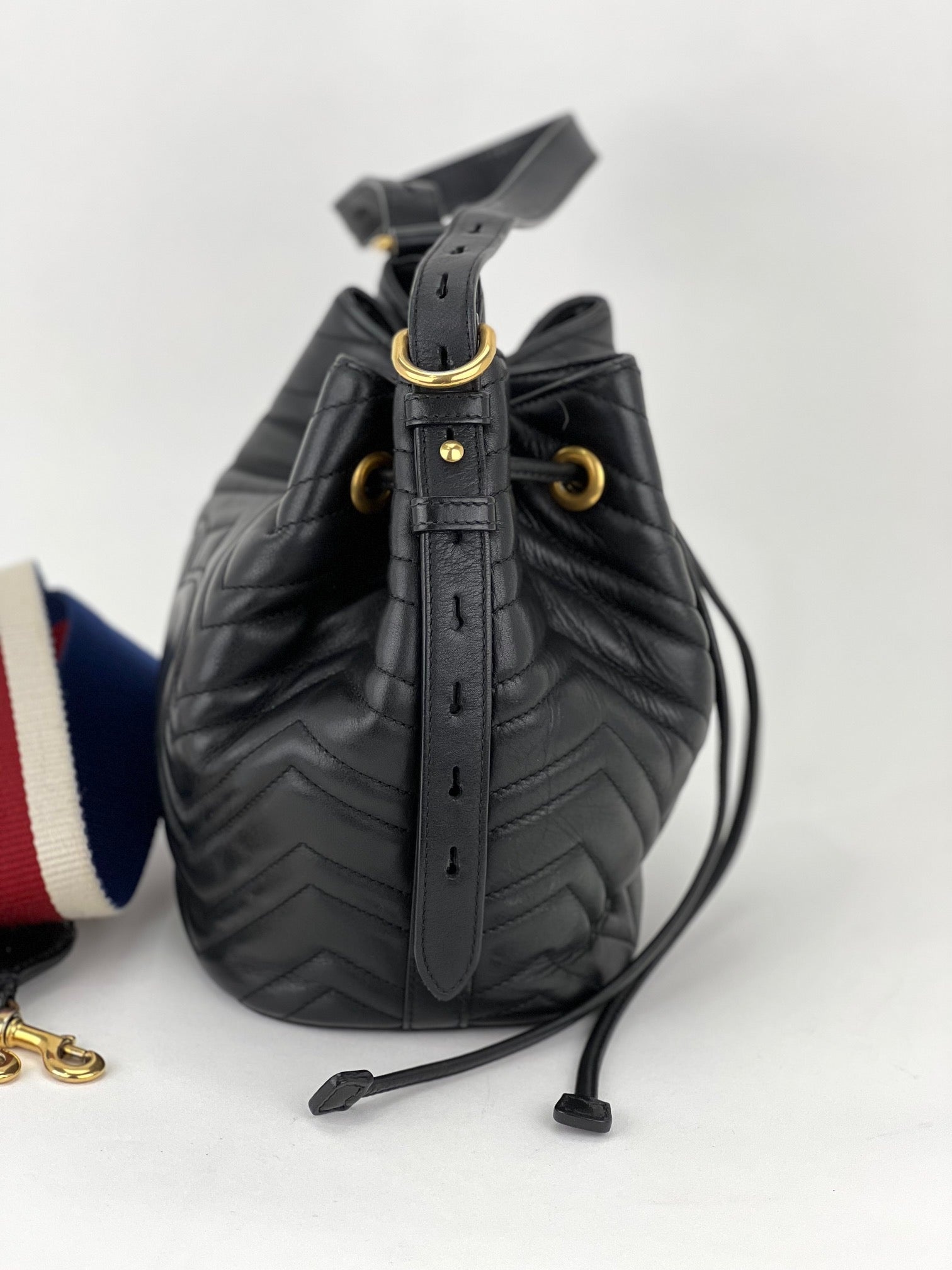 Gucci Handbag Sylvie Web GG Marmont Black Leather Matelasse Bucket Bag - 13