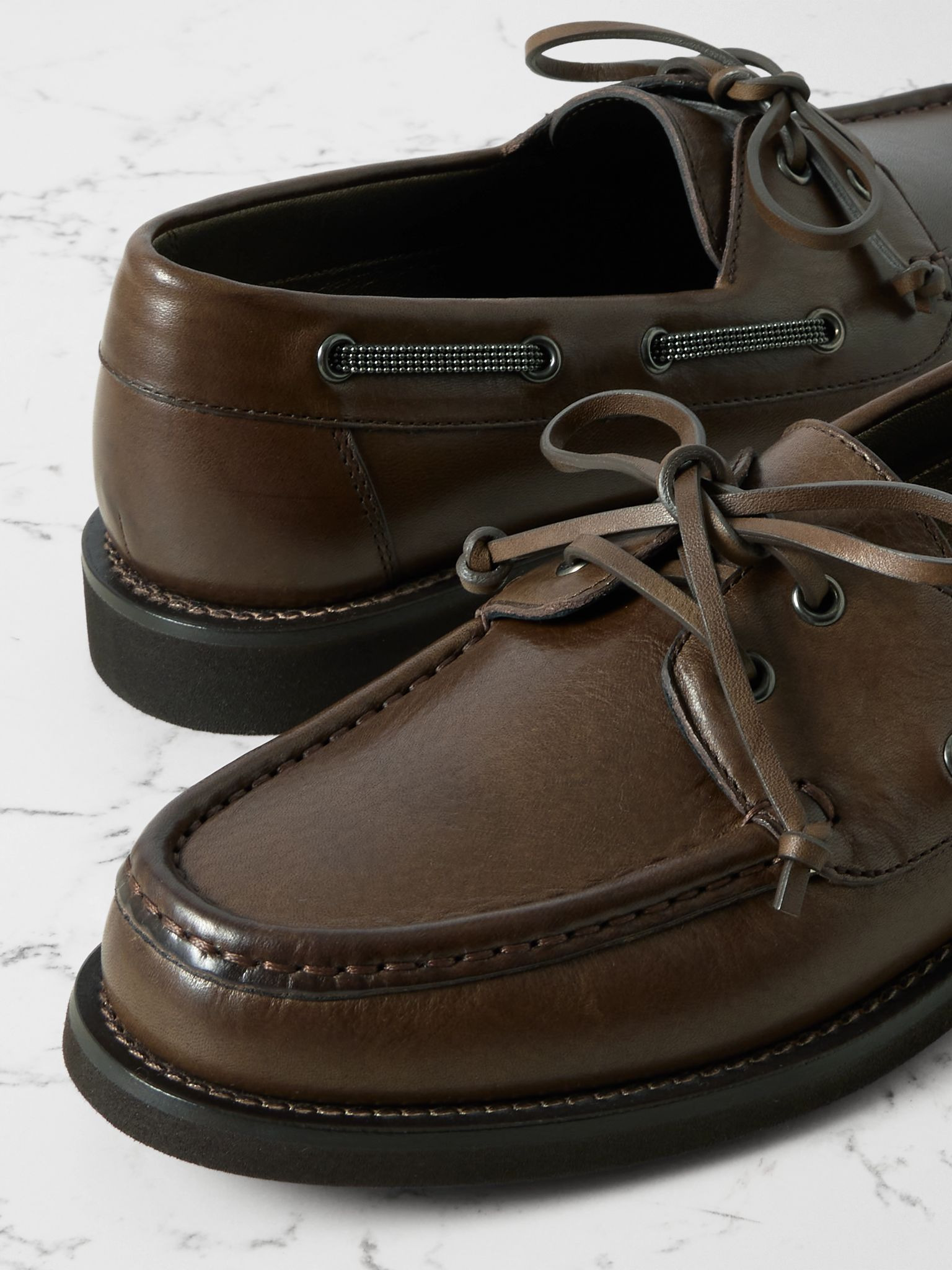 Embellished leather boat shoes Dark brown - 4