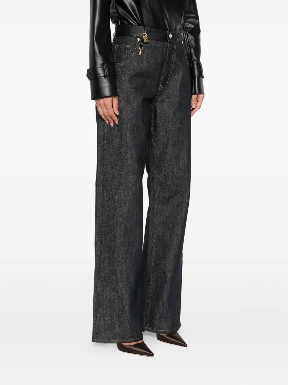 Jeans With Key Details Finished In Leather - 3