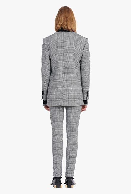 White and black glen plaid wool blazer with black velvet collar - 3