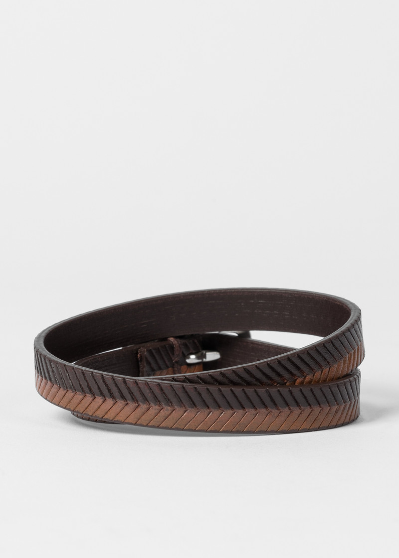 Paul Smith Two-Tone Brown Herringbone Leather Bracelet outlook