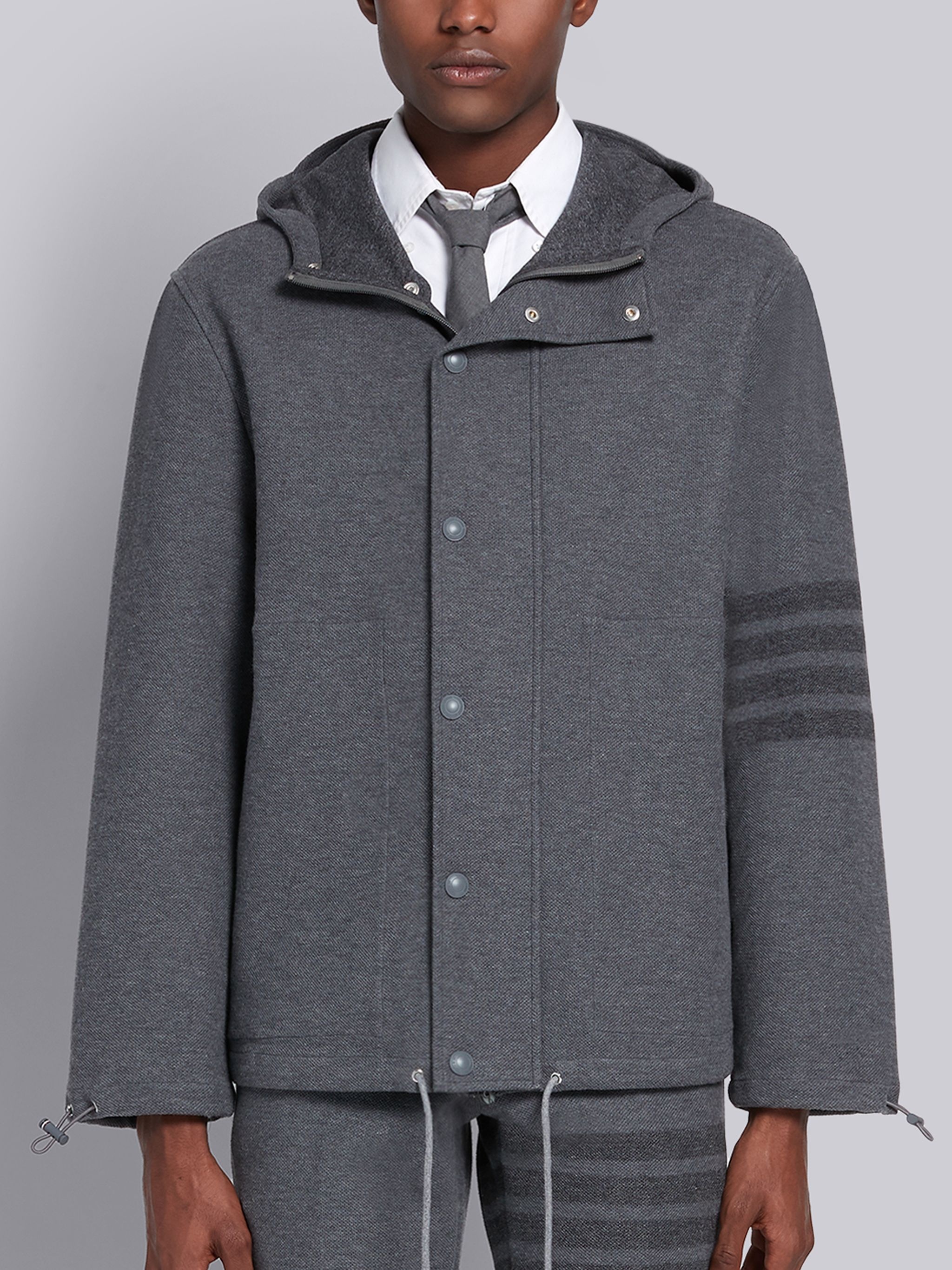 Medium Grey Double Face Cotton Twill Hooded Tonal 4-Bar Jacket - 1