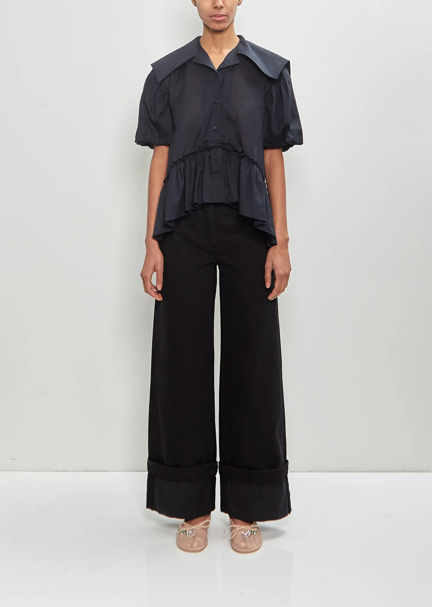 Ramie Cotton Sailor Collar Puff Sleeve Shirt - 4