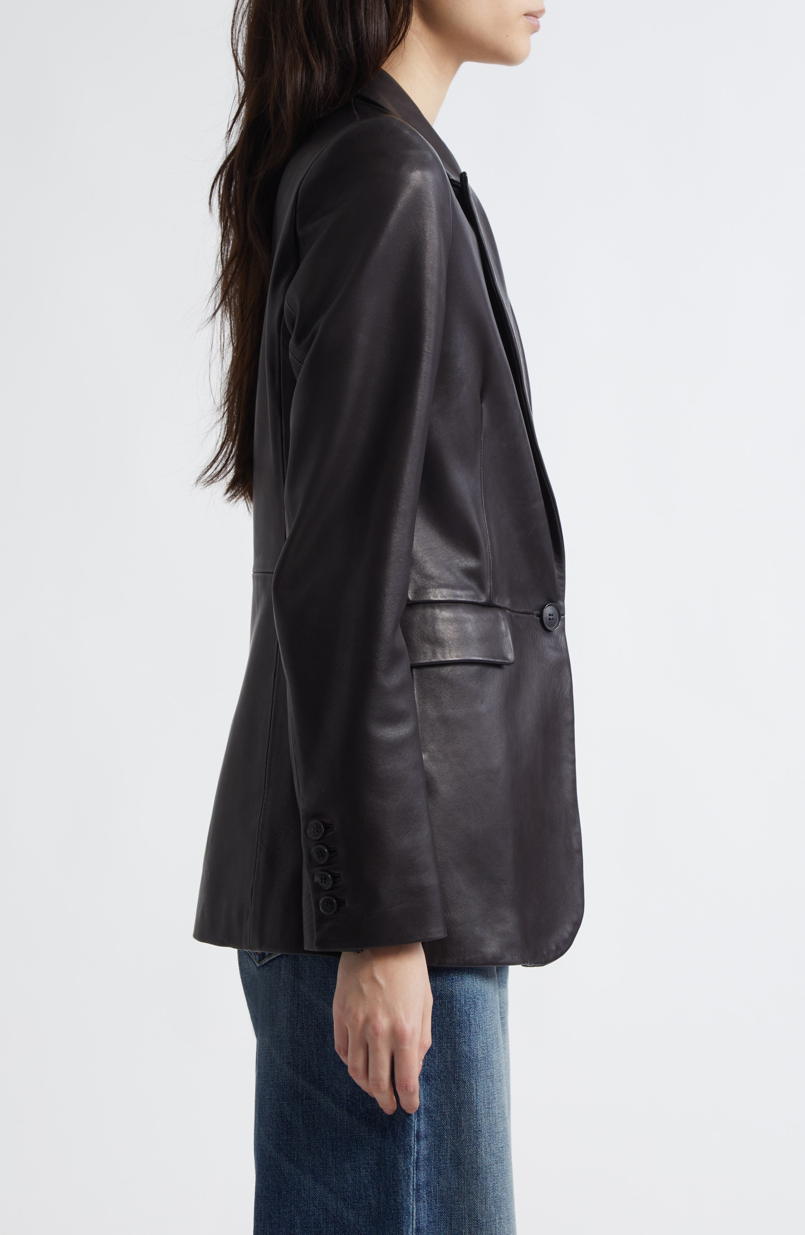 Nili Lotan Belmonde One-Button Lambskin Leather Blazer in Black at Nordstrom - 4