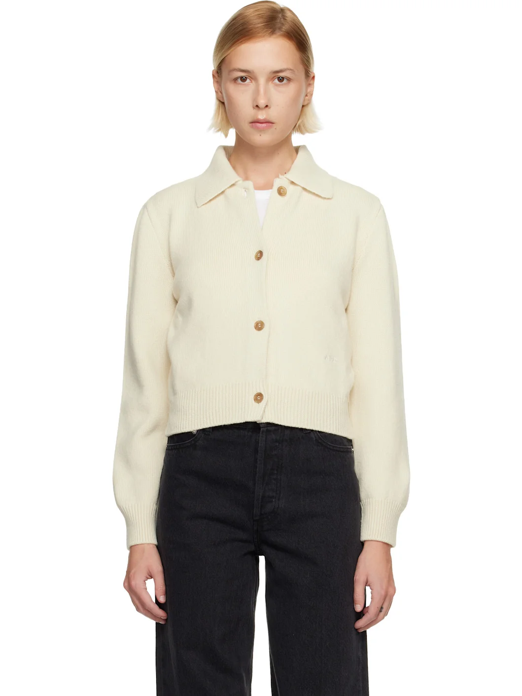 White Polo Shirt Collar Cardigan - 1