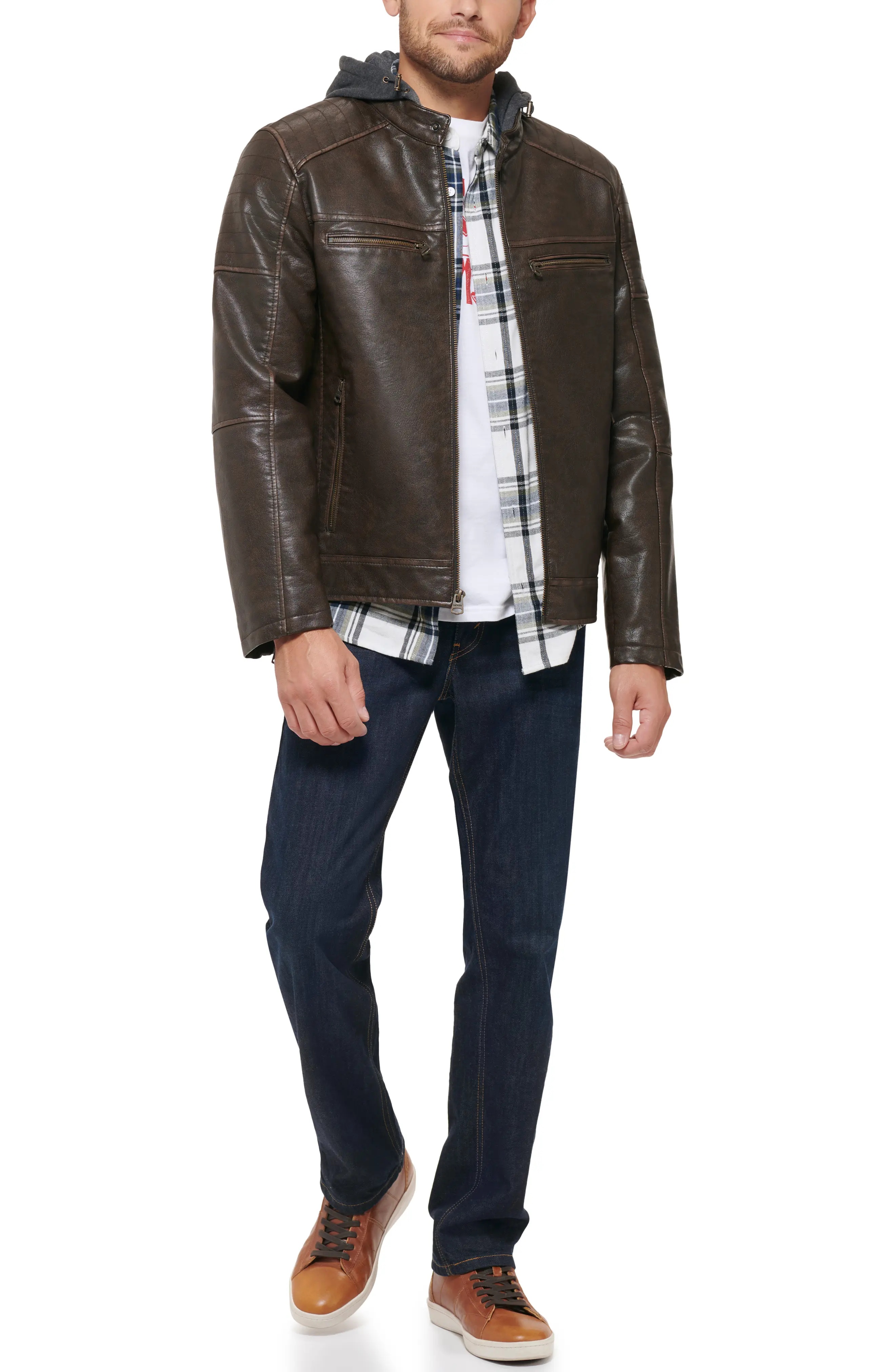 Faux Leather Hooded Moto Racer Jacket - 7