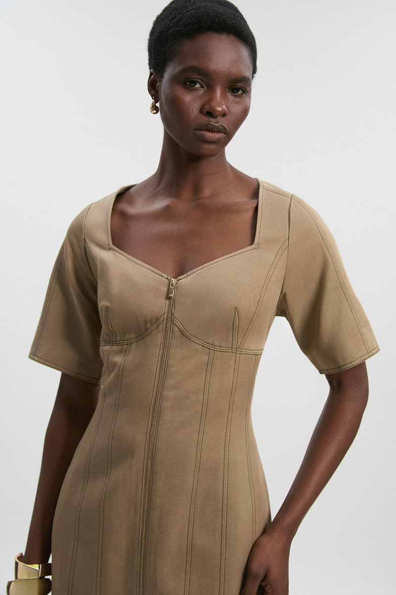 KAREN MILLEN Tencel Cotton Contrast Stitch Zip Front Woven Midi Dress outlook