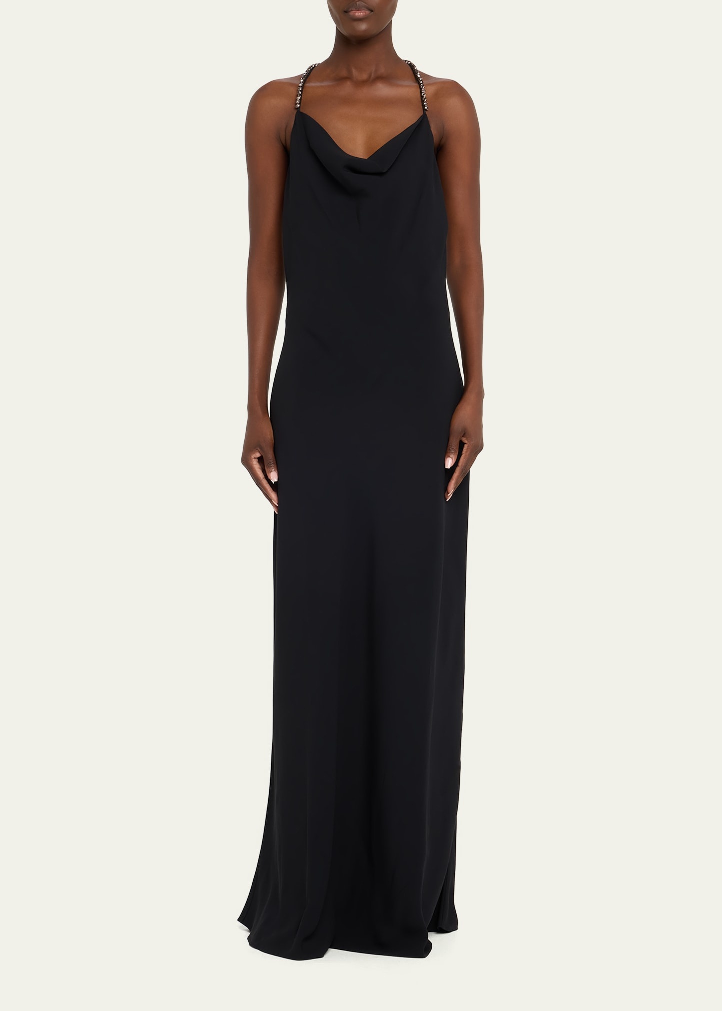 Crystal Strap Halter Draped Cowl Neck Gown - 2