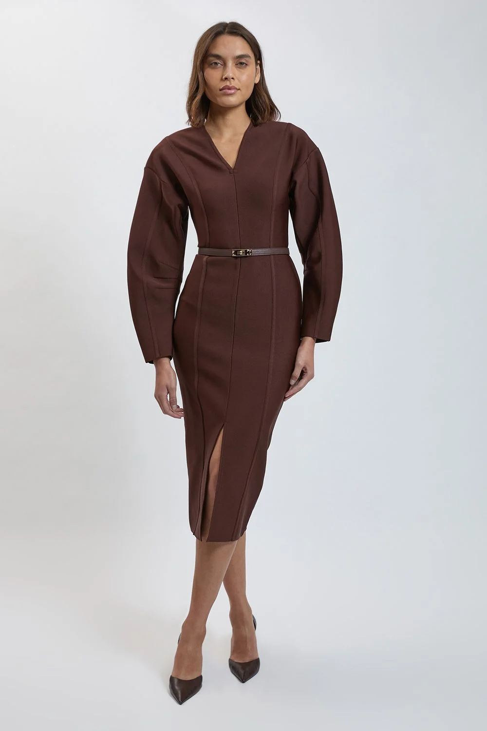 Petite Bandage Studded Belt Body Panelled Midi Dress - 1