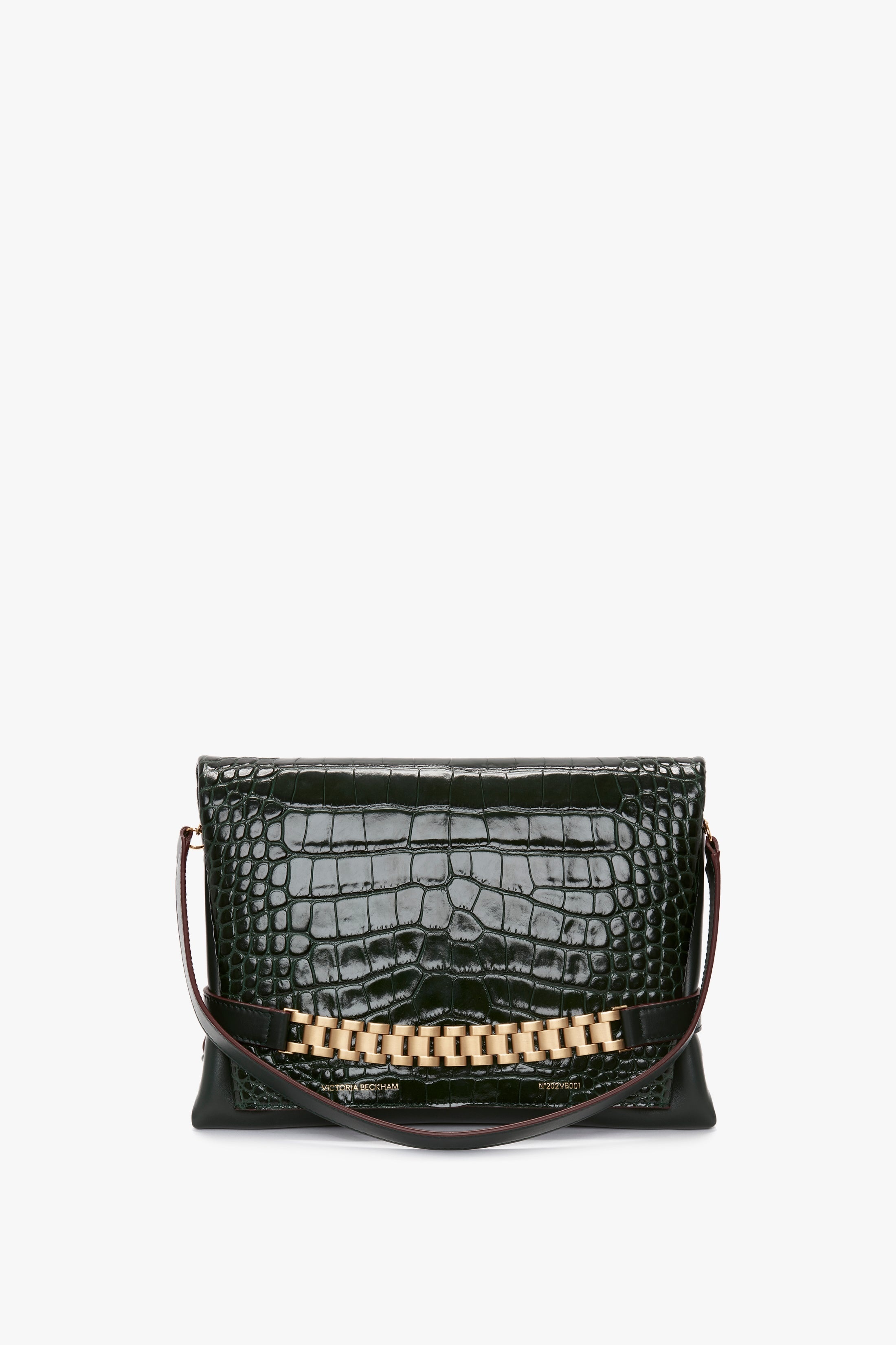 Chain Pouch With Strap In Dark Forest Croc-Effect Leather - 2