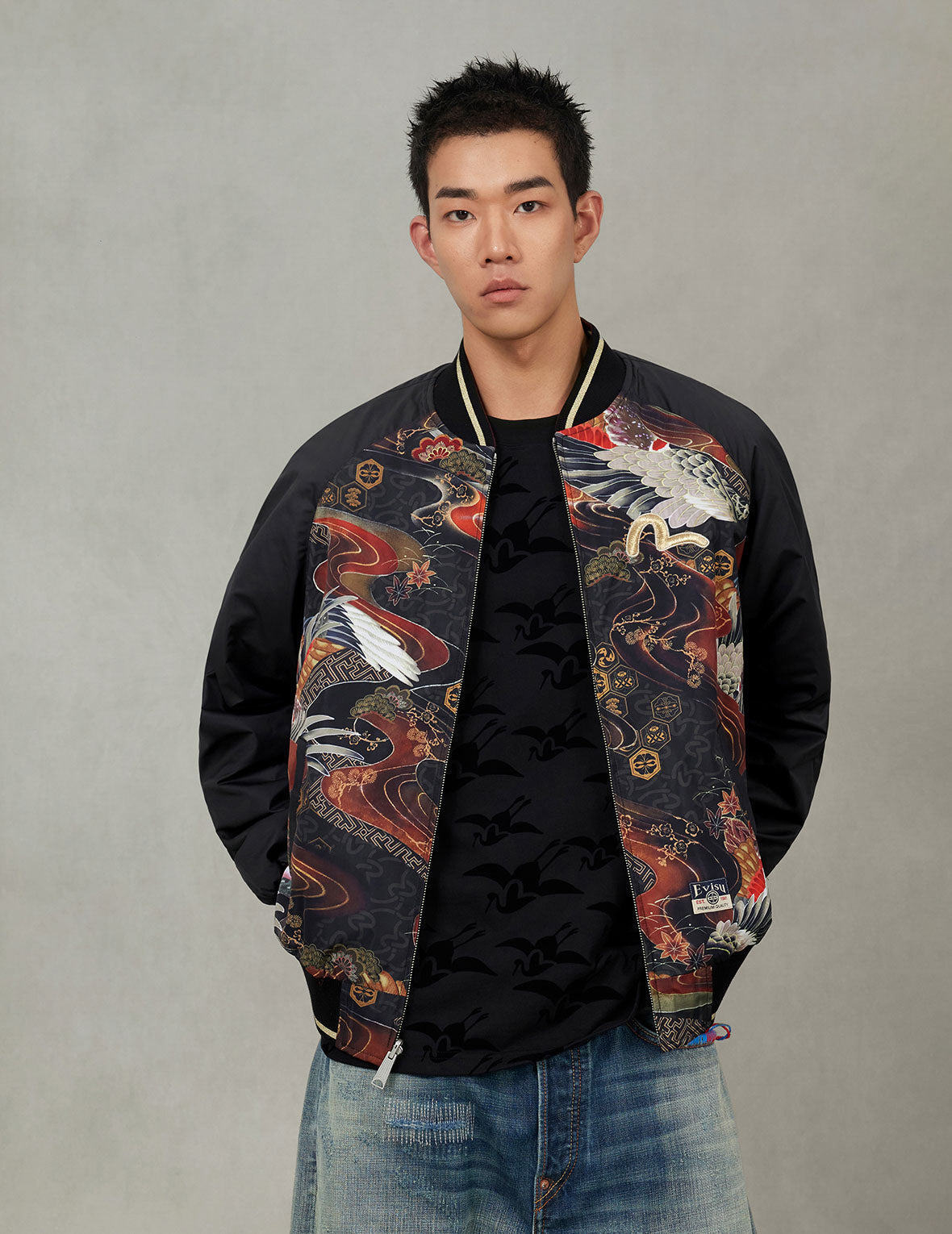Crane and Logo Embroidery Regular Fit Reversible Bomber Jacket - 7