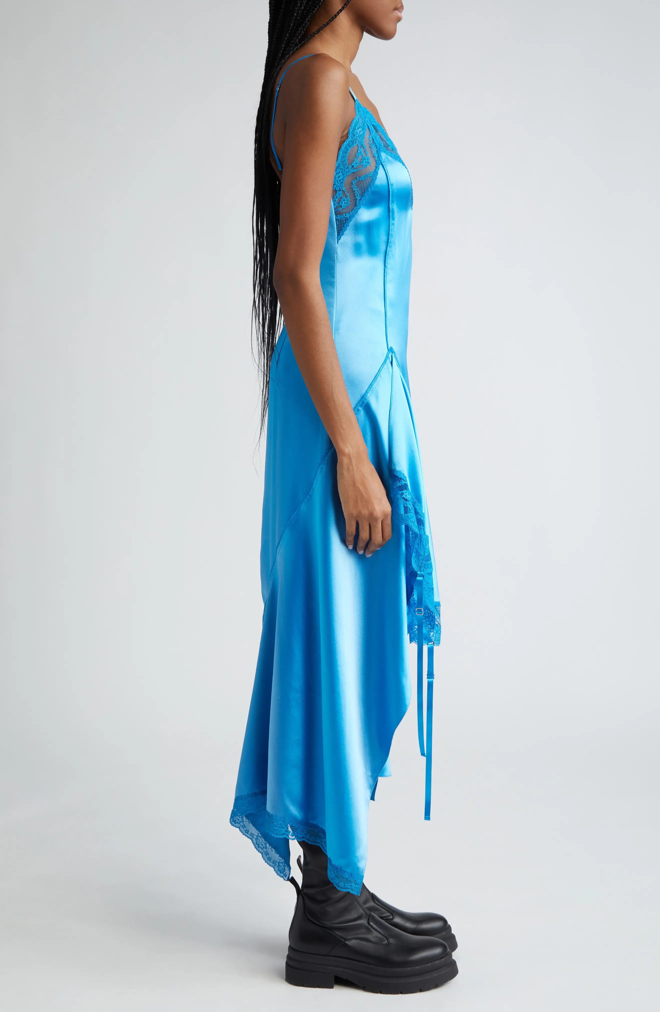Lace Trim Asymmetric Silk Satin Midi Dress - 3
