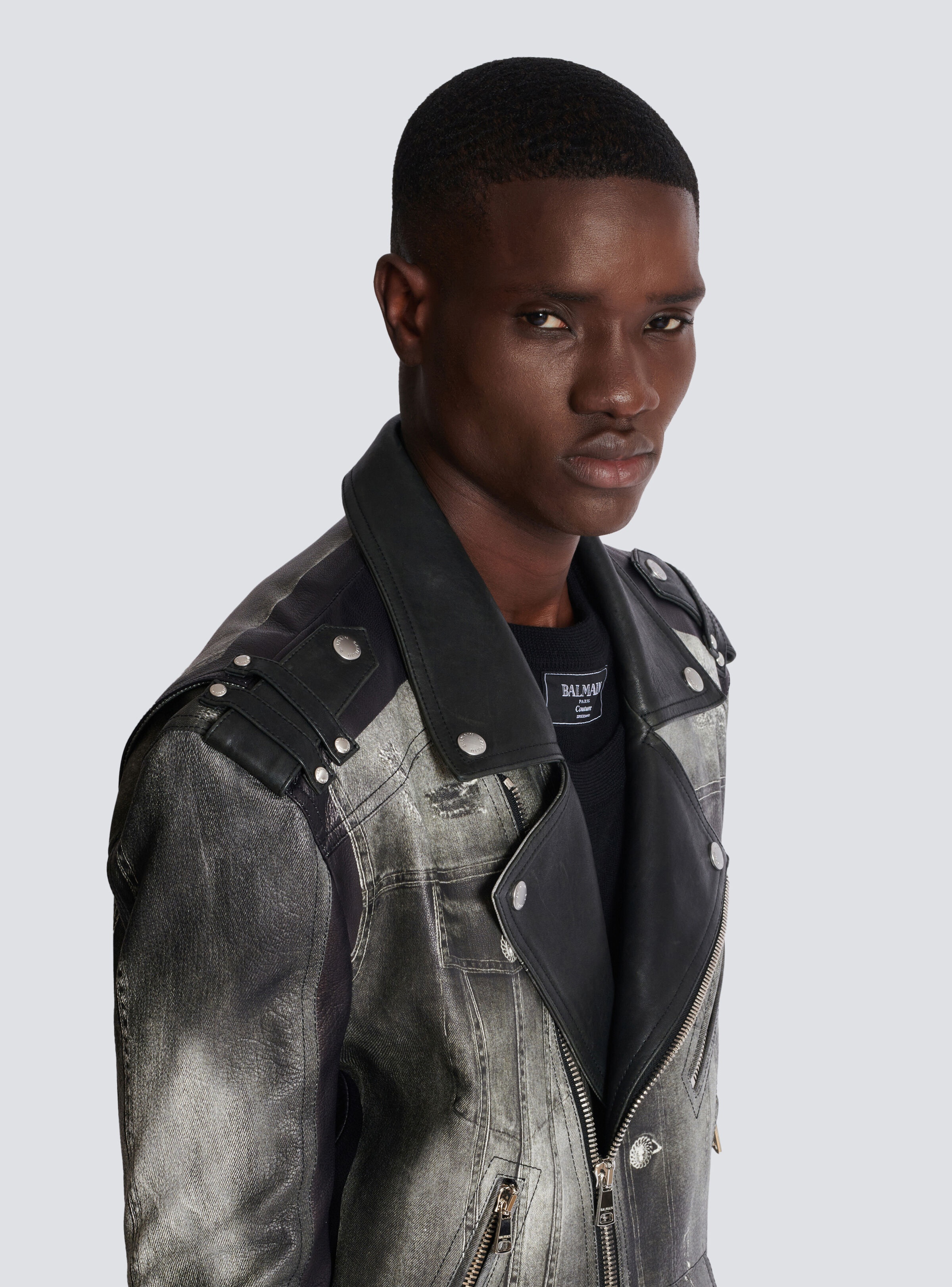 Leather biker jacket with denim print - 7