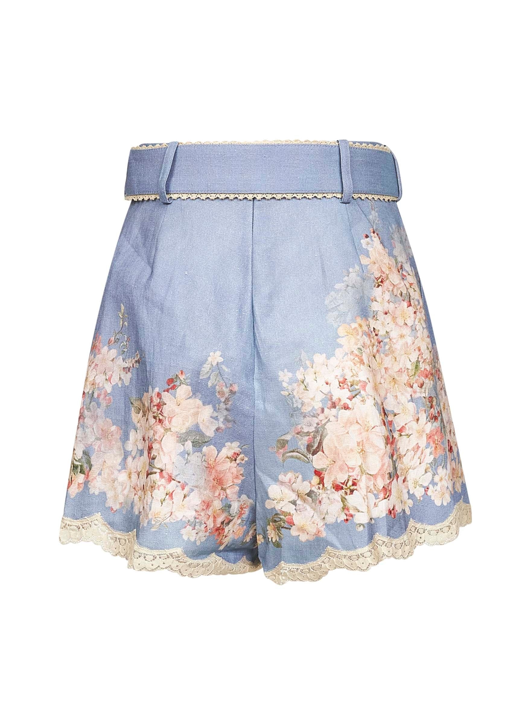 Teal blue Botanical Floral linen Cascadian shorts - 2