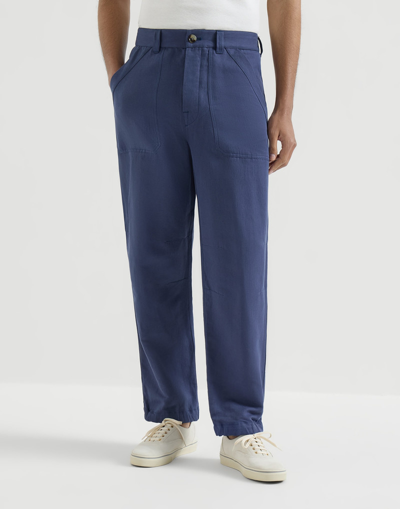 Linen and cotton drill trousers with patch pockets and drawstring 2