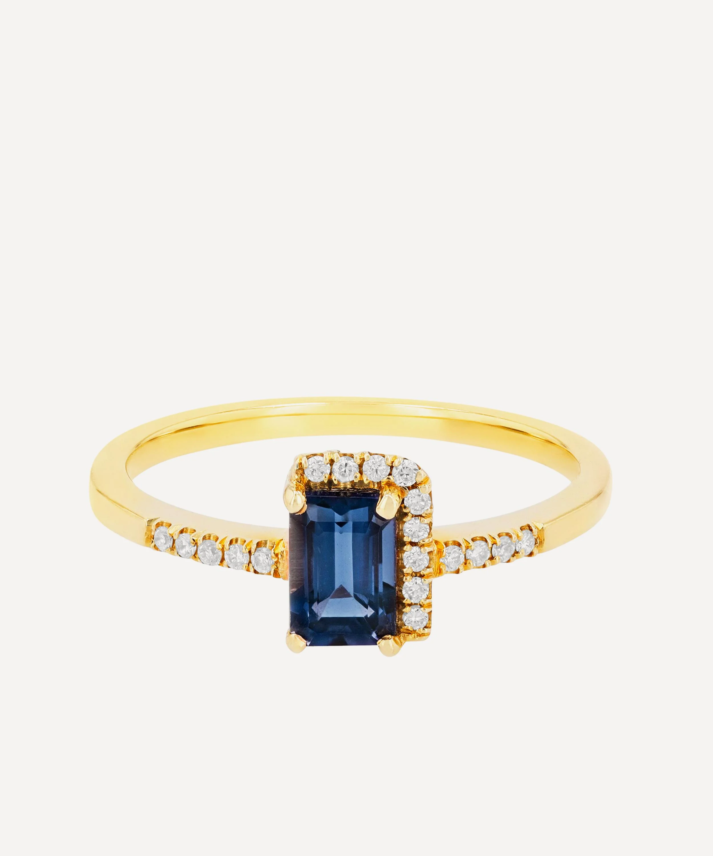 14ct Gold Ann Emerald Cut English Blue Topaz and Pave Diamond Halo Ring - 1