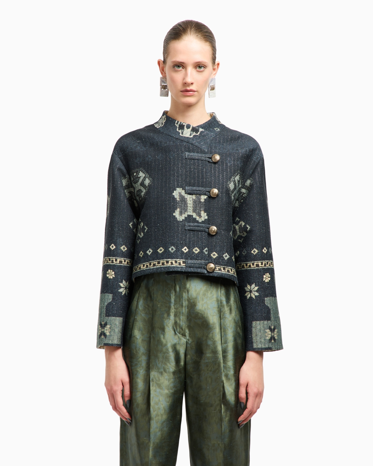 PRINTED TUSSAH SILK AND COTTON PEA COAT - 4