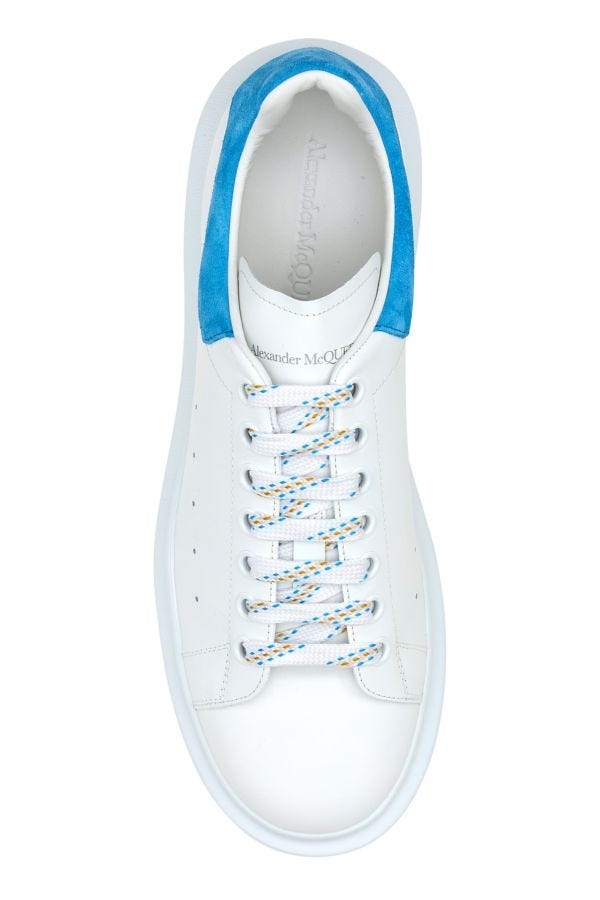 White leather sneakers with light blue suede heel - 4