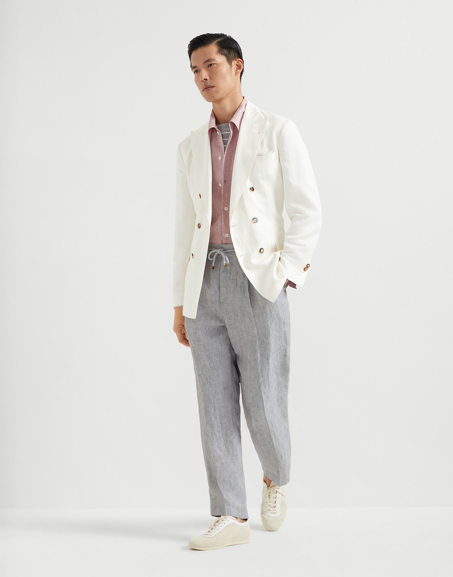Linen chevron leisure fit trousers with drawstring and double pleats - 4