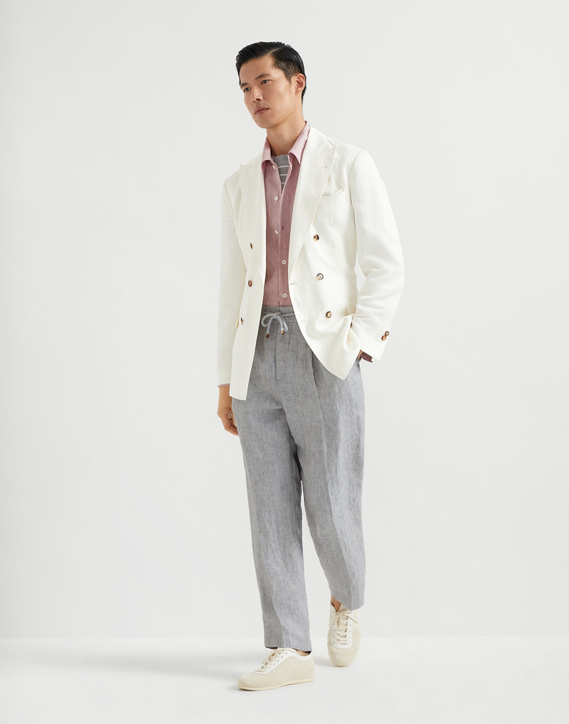 Linen chevron leisure fit trousers with drawstring and double pleats 4