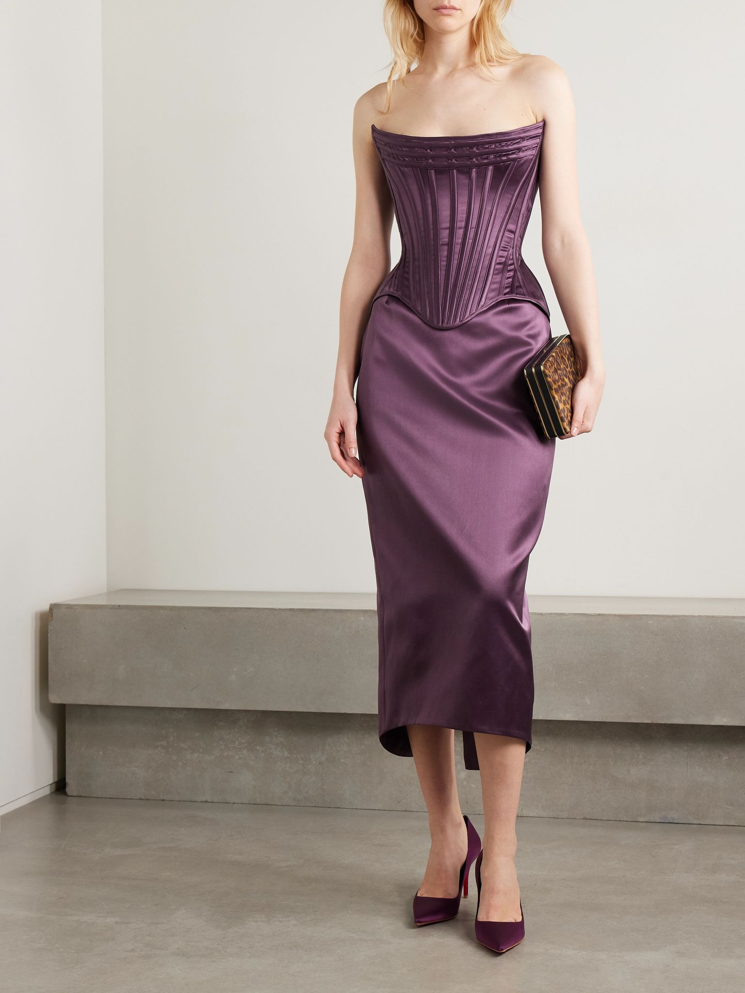 Wasp cotton and silk-blend duchesse-satin midi skirt Plum - 2