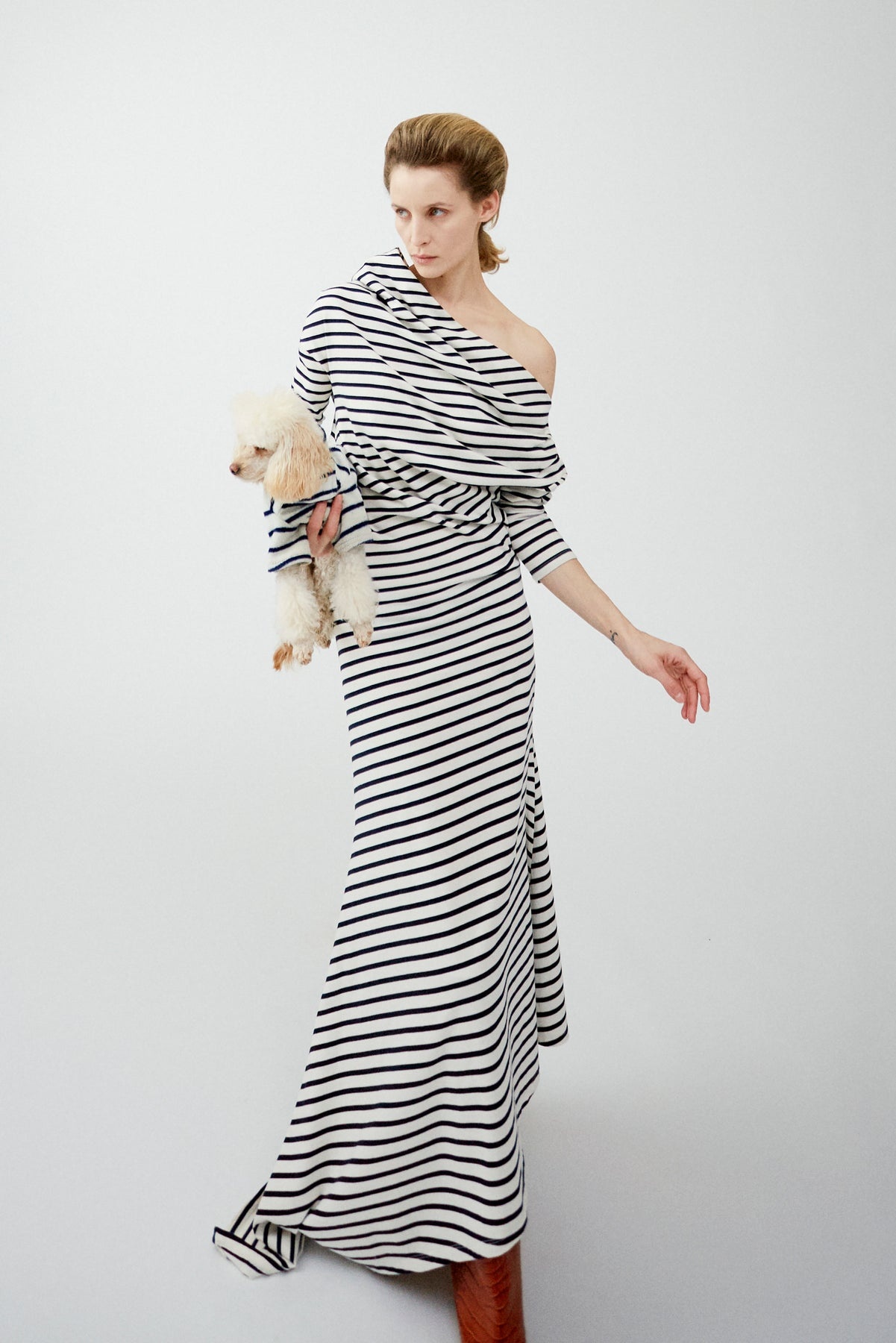 OFF SHOULDER ASYMMETRIC DRESS WHITE NAVY STRIPE - 10