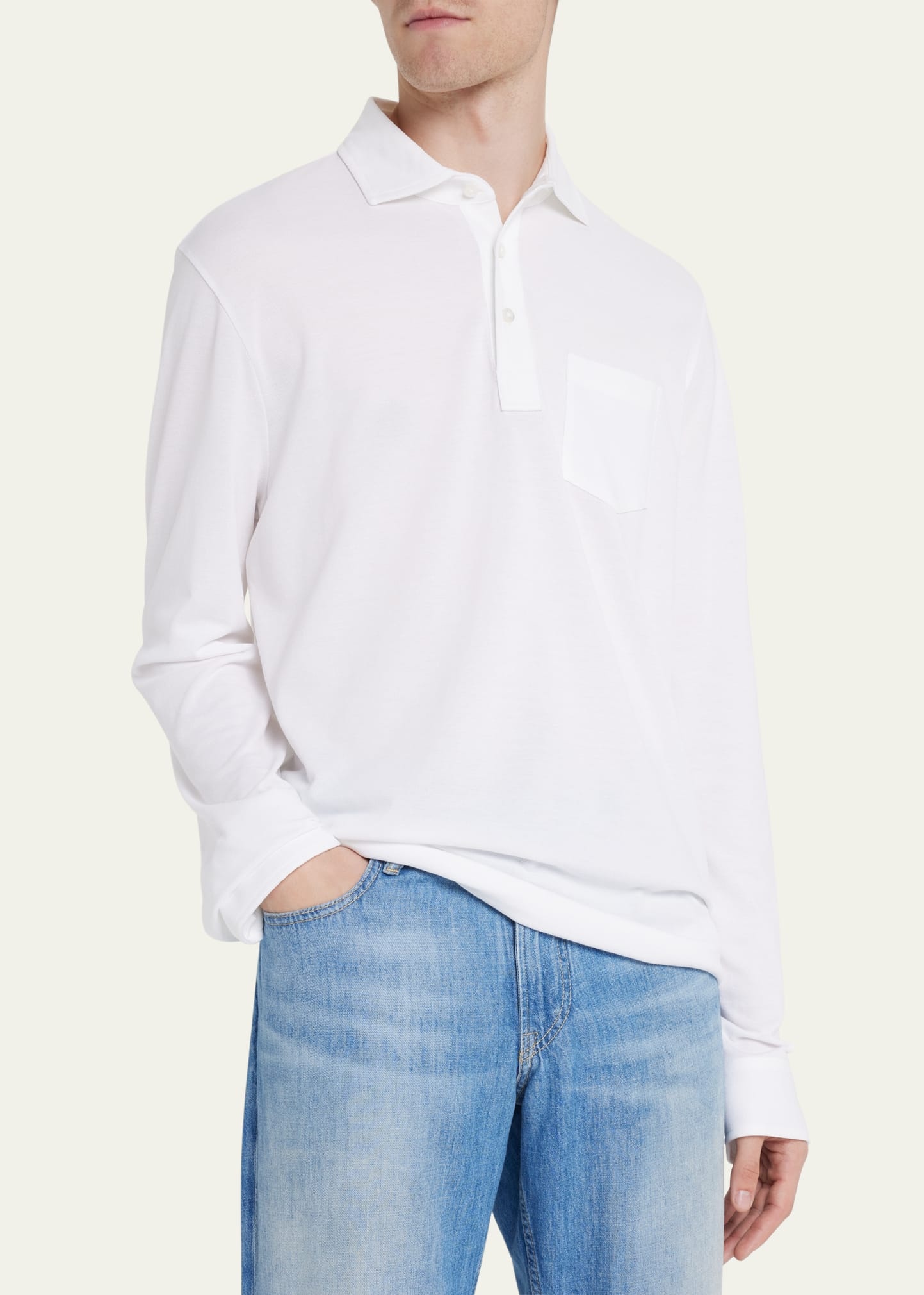Men's Washed Long-Sleeve Pocket Polo Shirt, White - 4