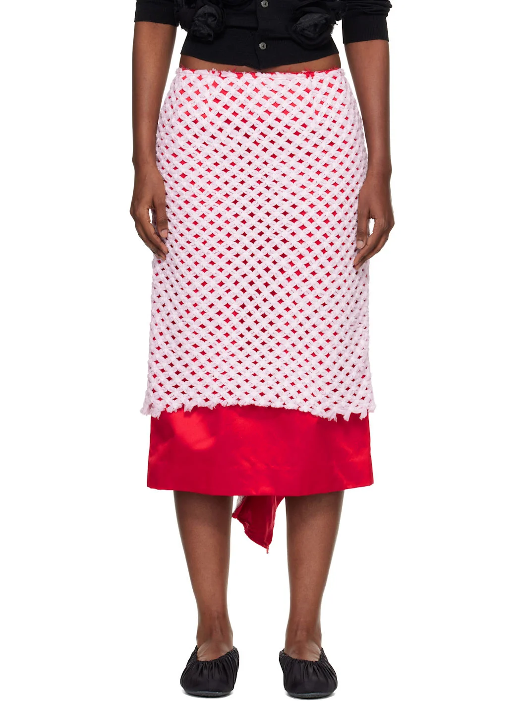 Red & Pink Tulle Braided Mesh Midi Skirt - 1