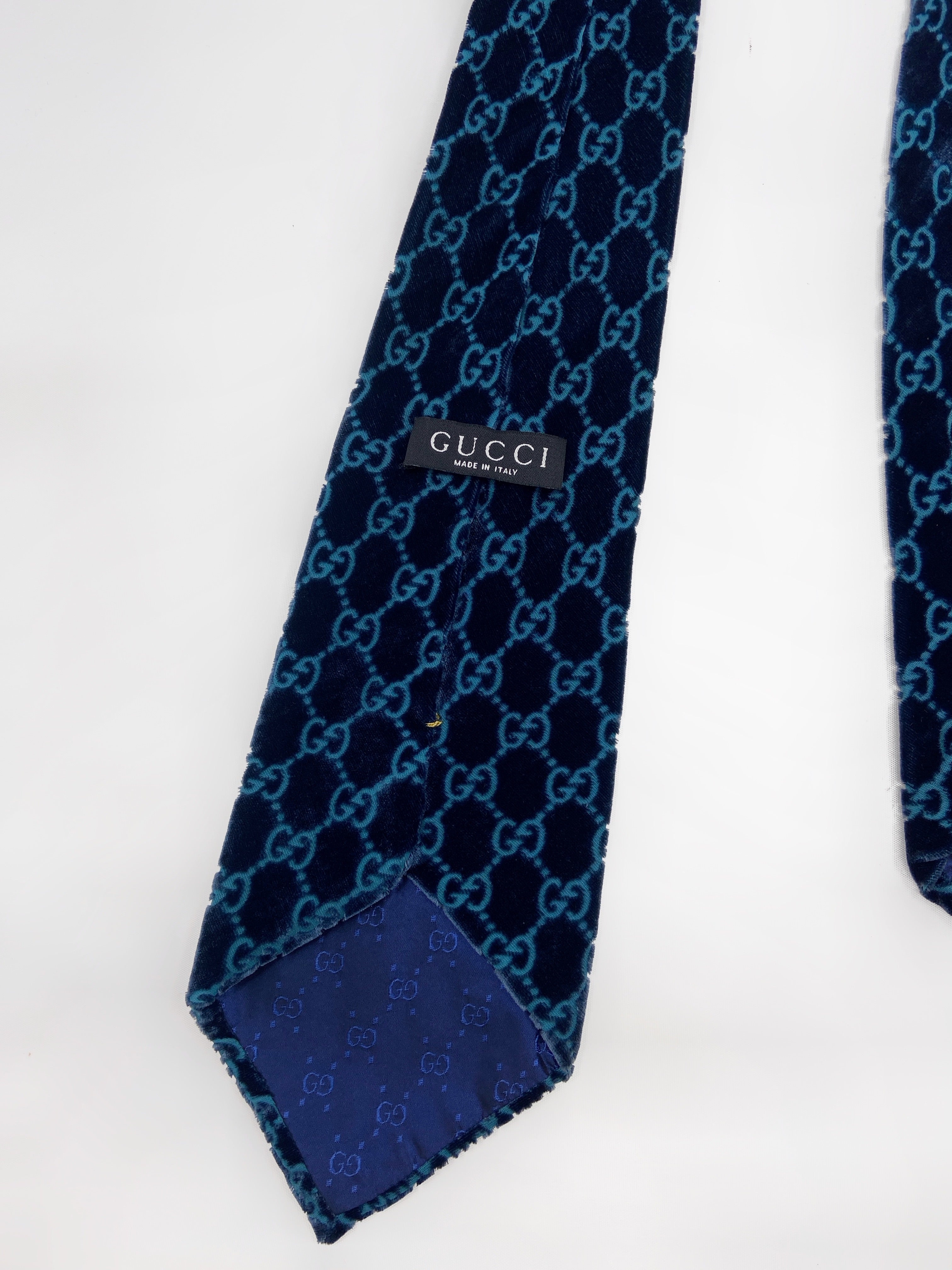 Gucci Fall 1997 Tom Ford Turquoise Monogrammed Velvet Silk Tie - 9
